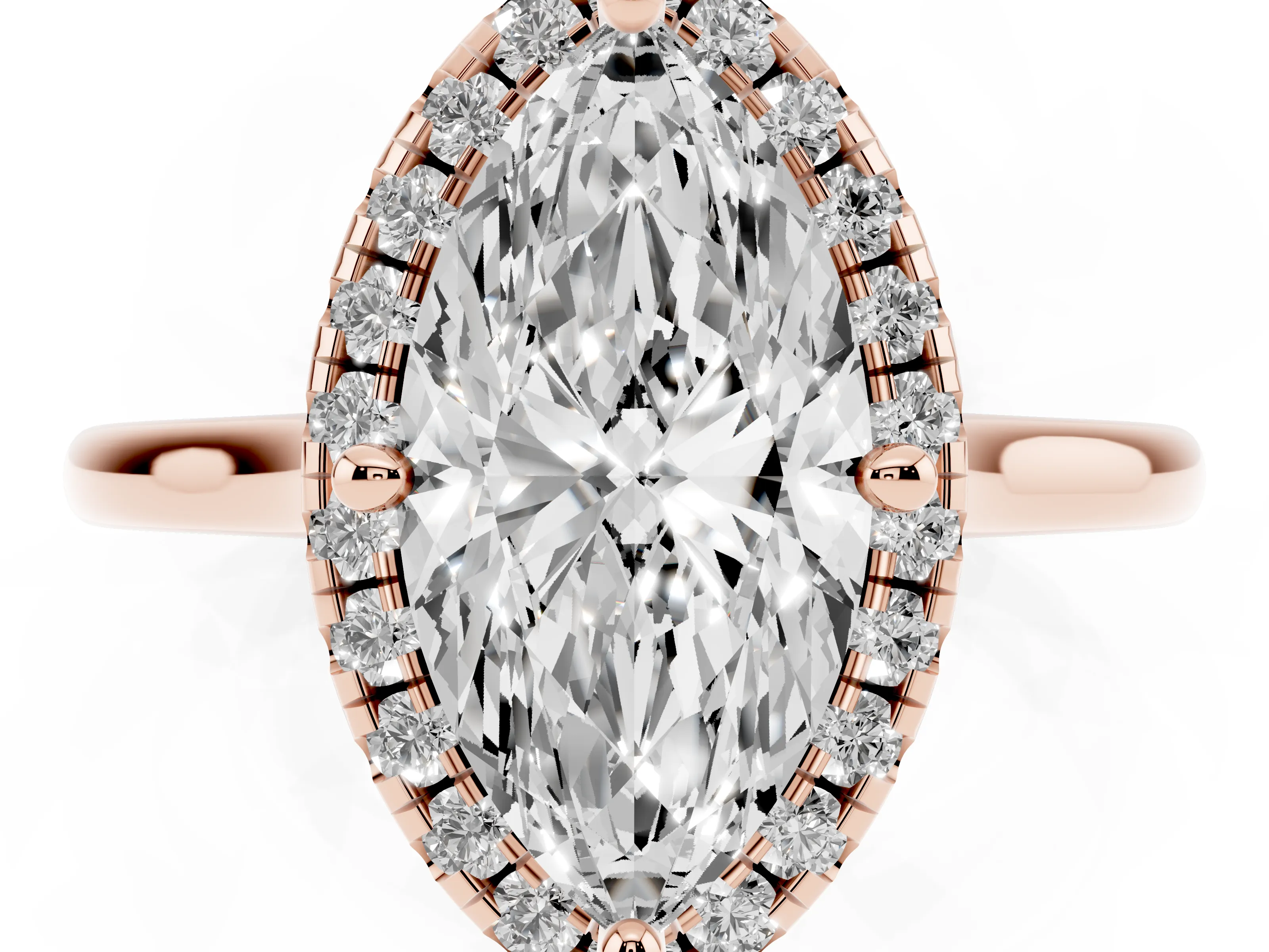 Marquise Cut Diamond Halo Engagement Ring Set in Rose gold with Pavé Band and Rising Shoulders