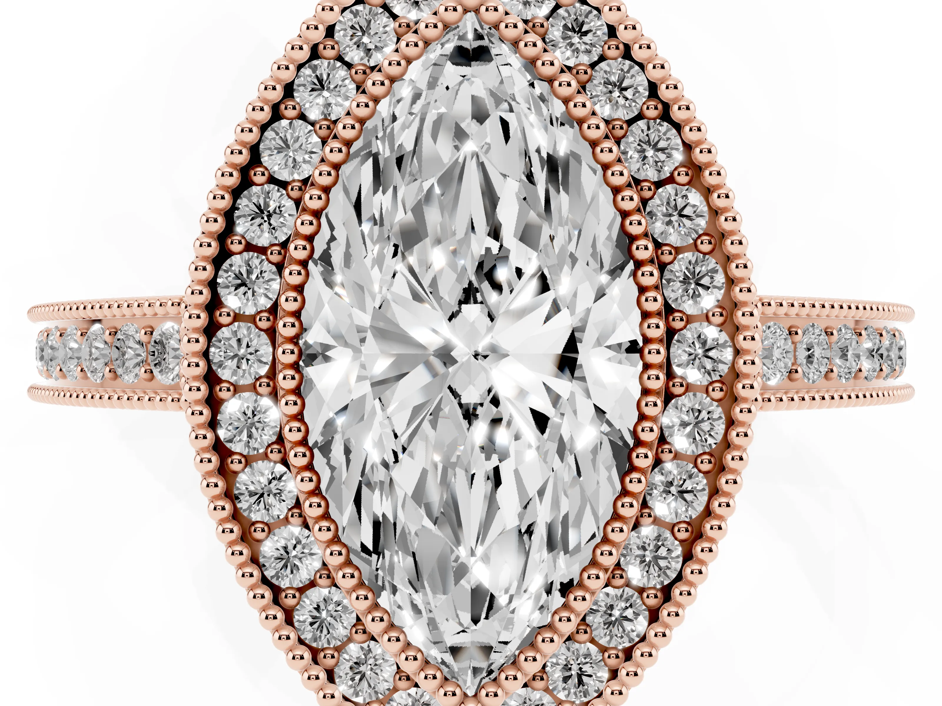 Marquise Cut Diamond Halo Ring Set in Rose gold with Pavé Band and Milgrain-Edged Prongs