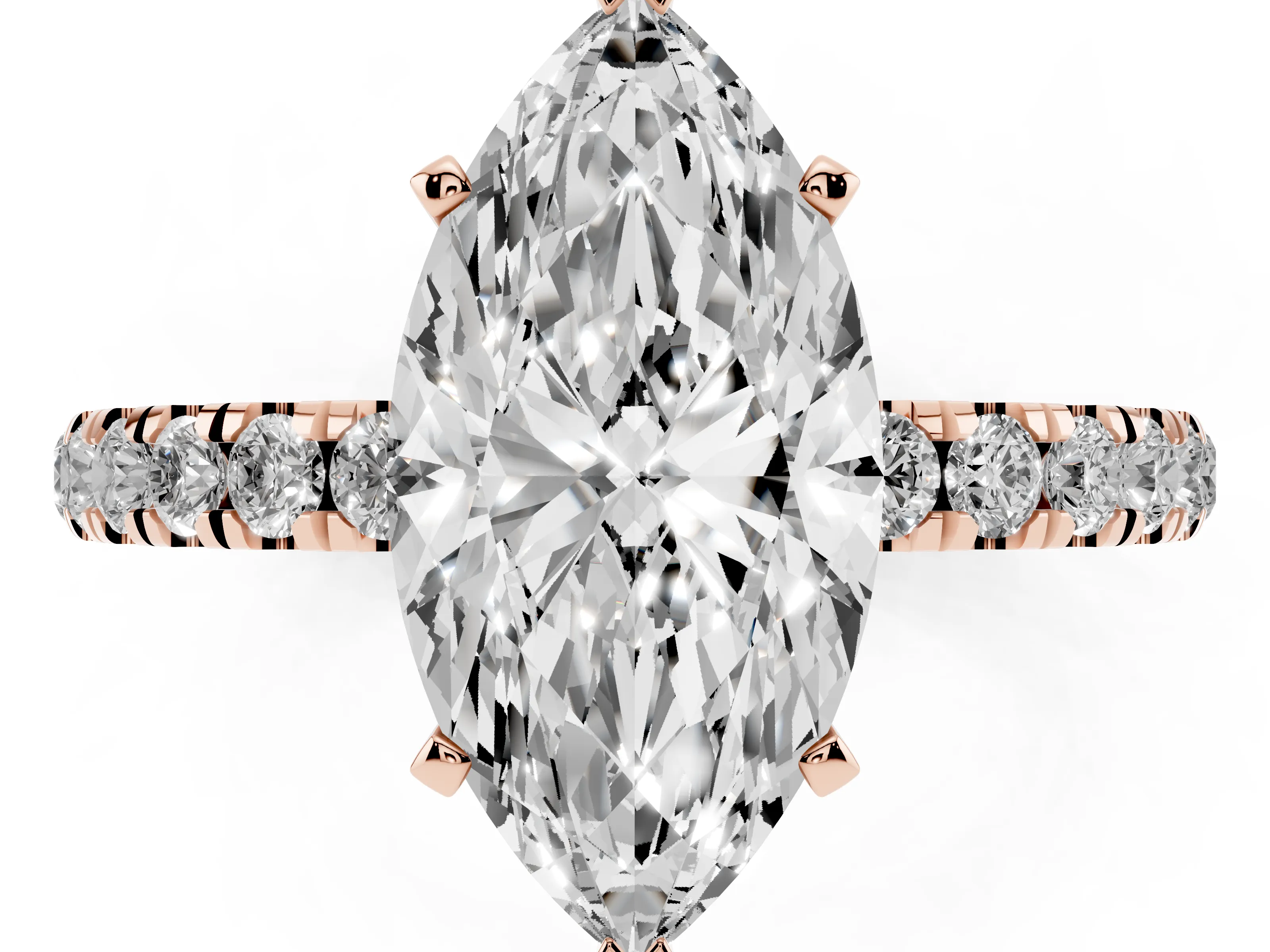 Marquise Cut Diamond Solitaire Ring Set in Rose gold with Pavé Accents and Prong Setting