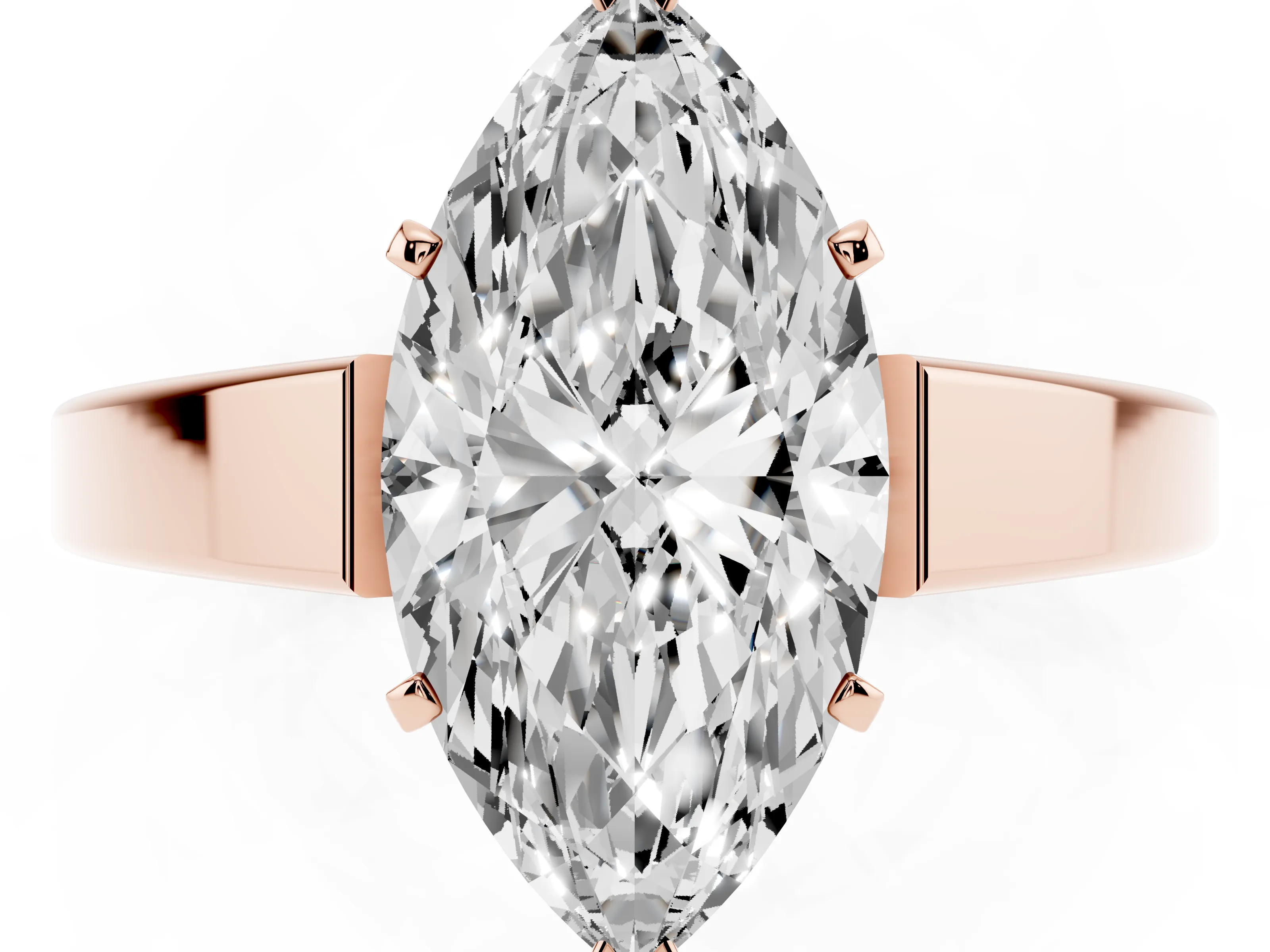 Marquise Cut Diamond Solitaire Engagement Ring Set in Rose gold with Prong Setting and Tapered Band