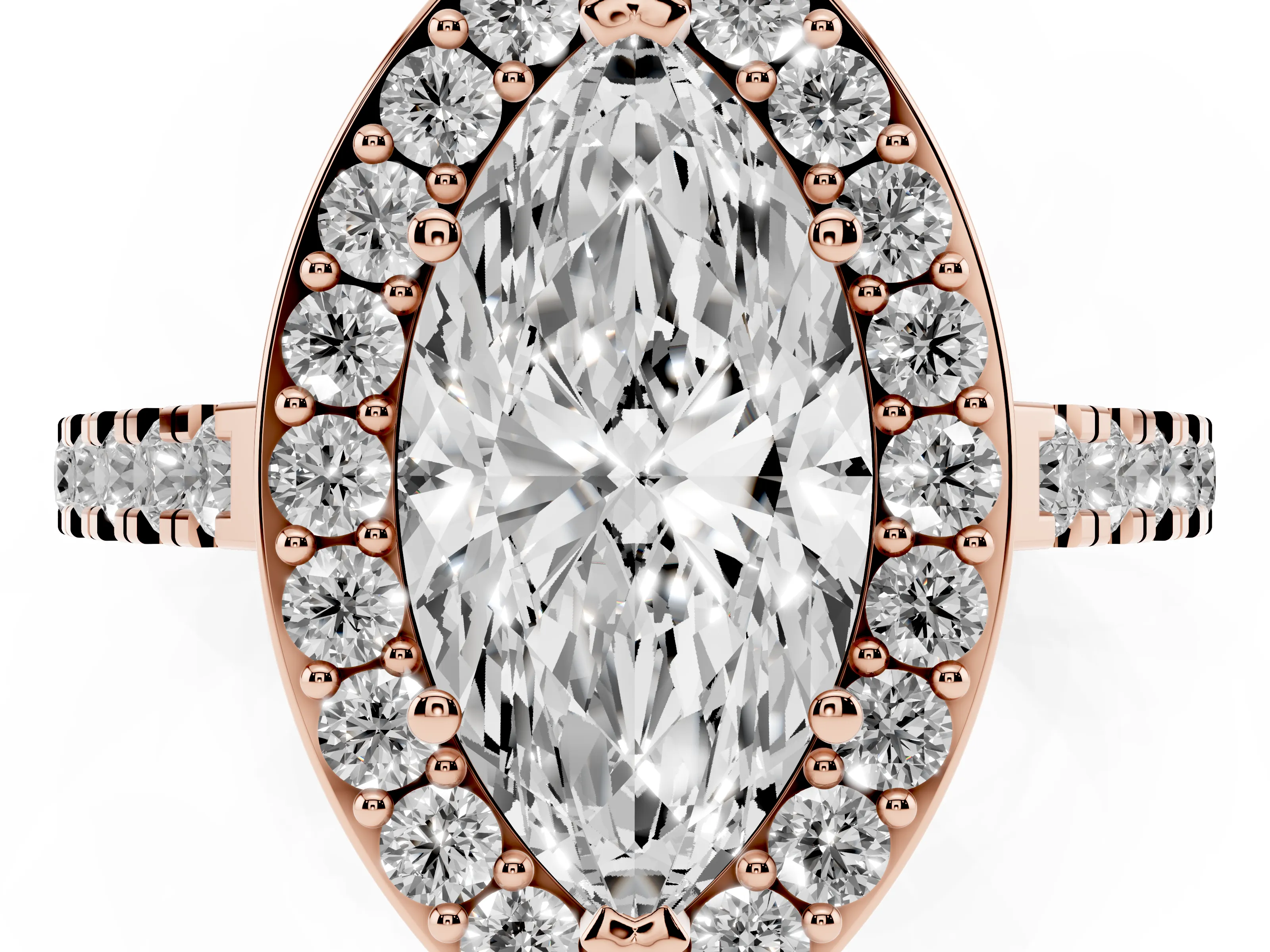 Marquise Cut Diamond Halo Ring Set in Rose gold with Round Pavé Split Shank and Prong Setting