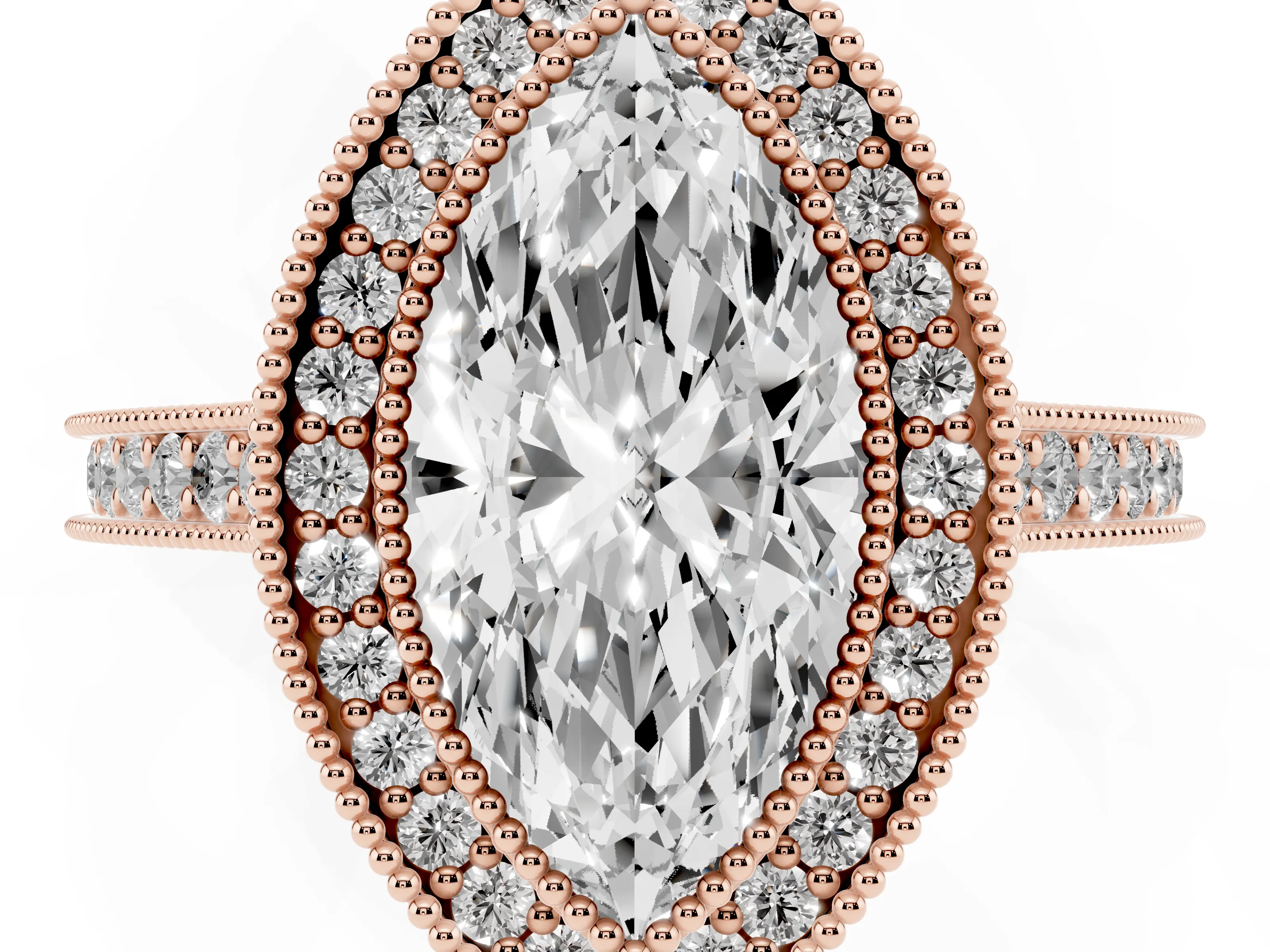 Marquise Cut Diamond Halo Milgrain Pavé Band Ring Set in Rose gold with Prong Setting
