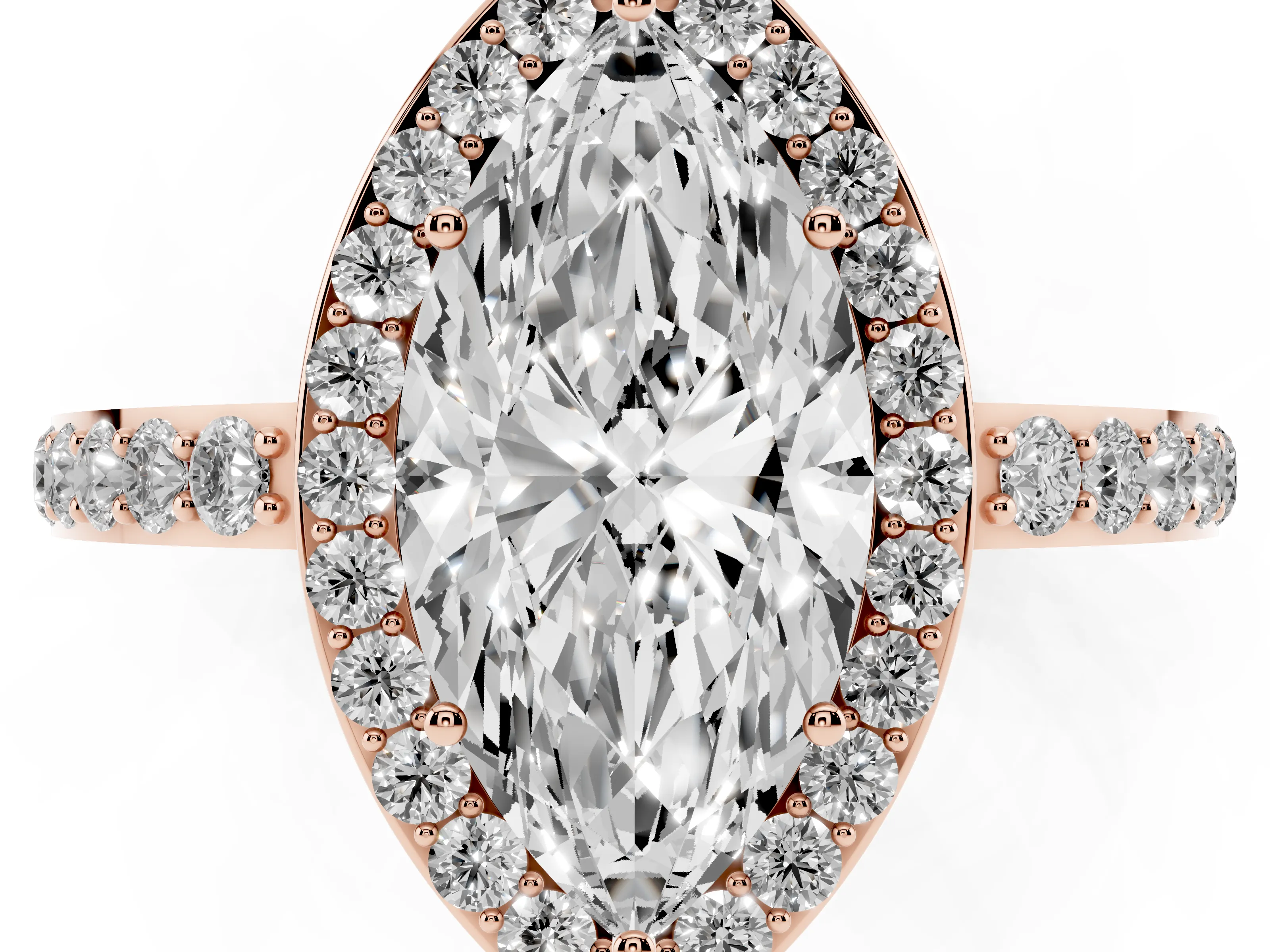 Marquise Cut Diamond Halo Ring Set in Rose gold with Pavé-Setting Band and Open Prong Center