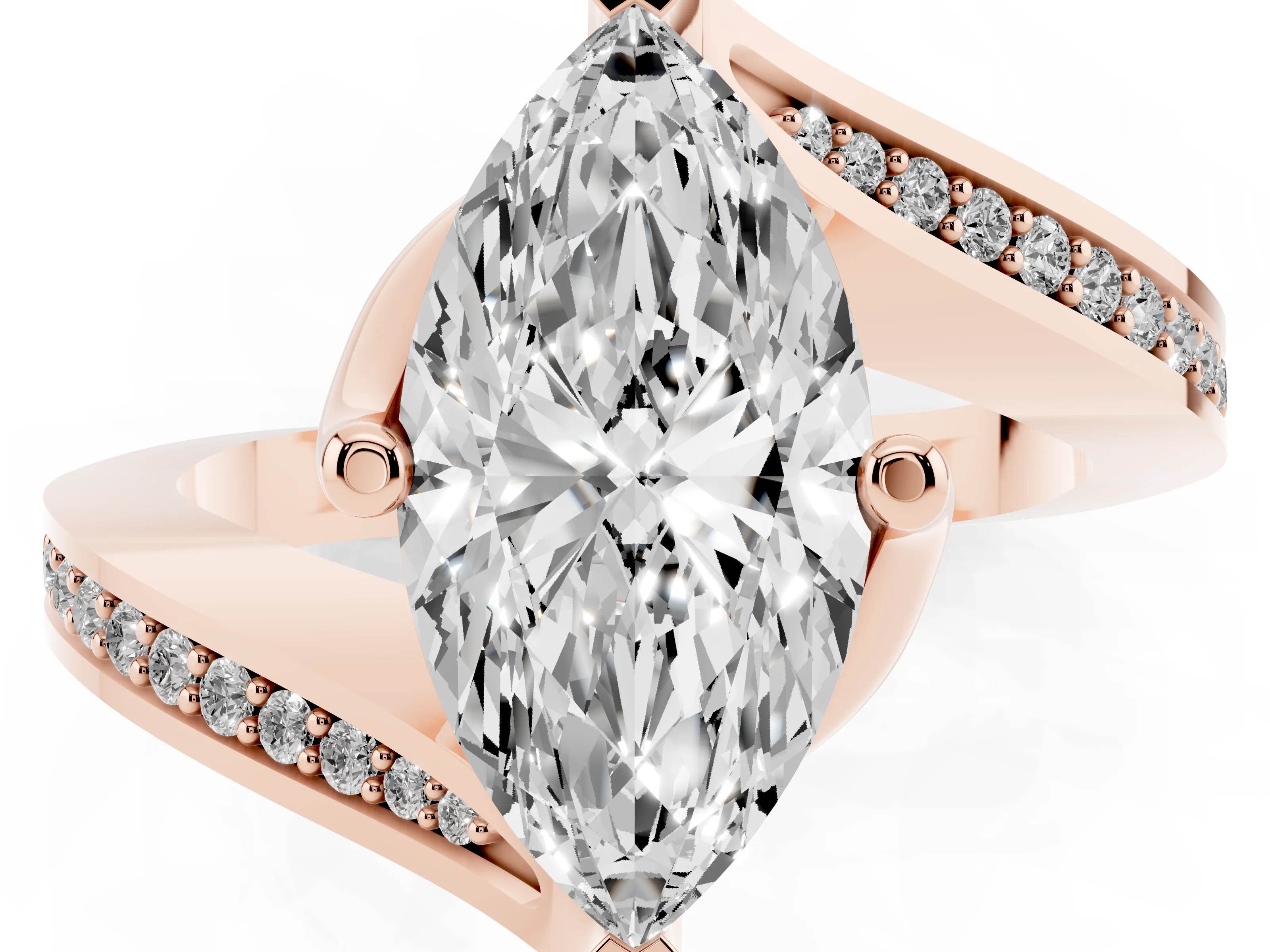 Marquise Cut Diamond Solitaire Ring Set in Rose gold with Intertwined Pavé Twist Band