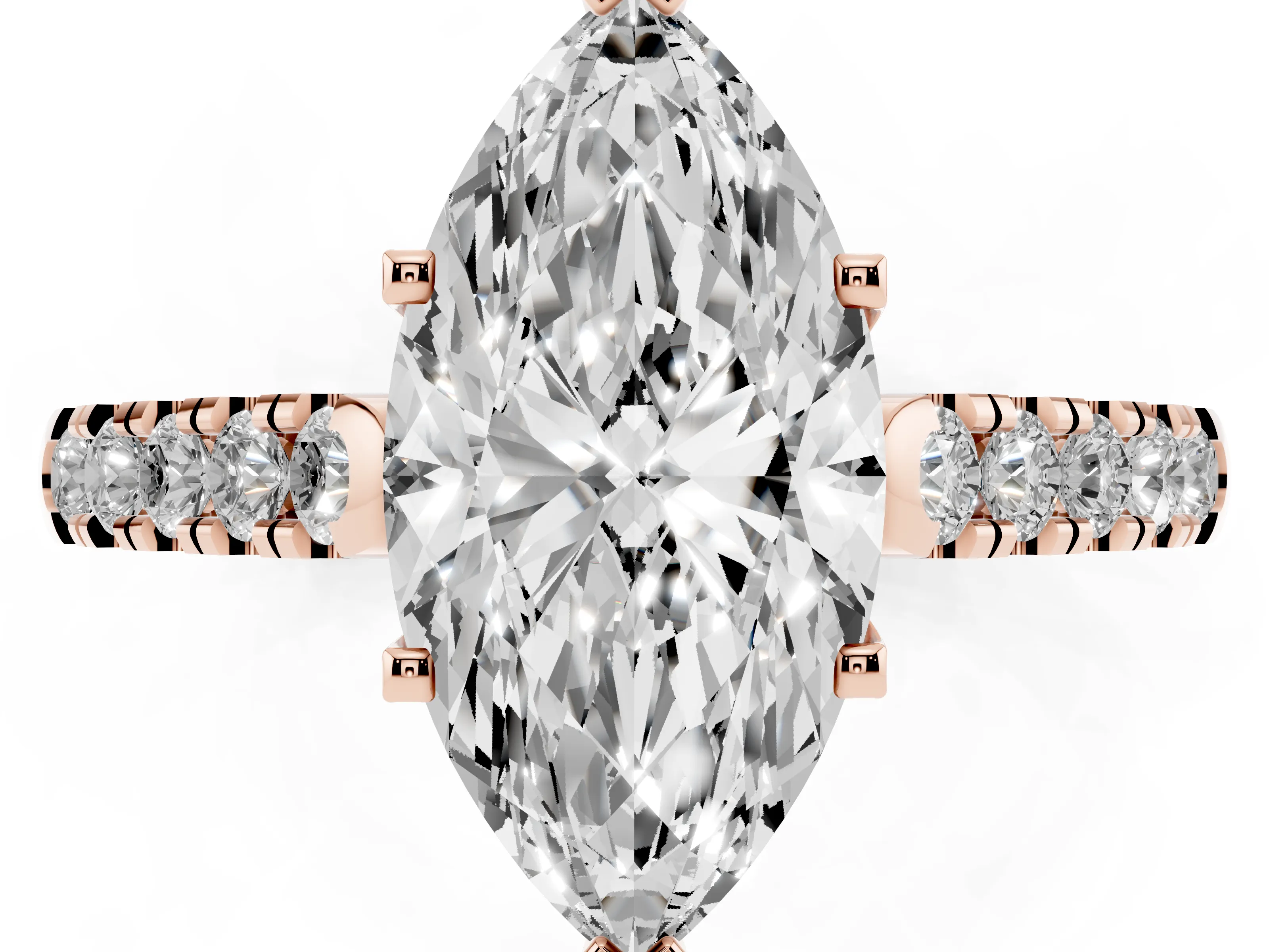 Marquise Cut Diamond Pavé Band Solitaire Ring Set in Rose gold with Partway Accent Stones and Prong Setting