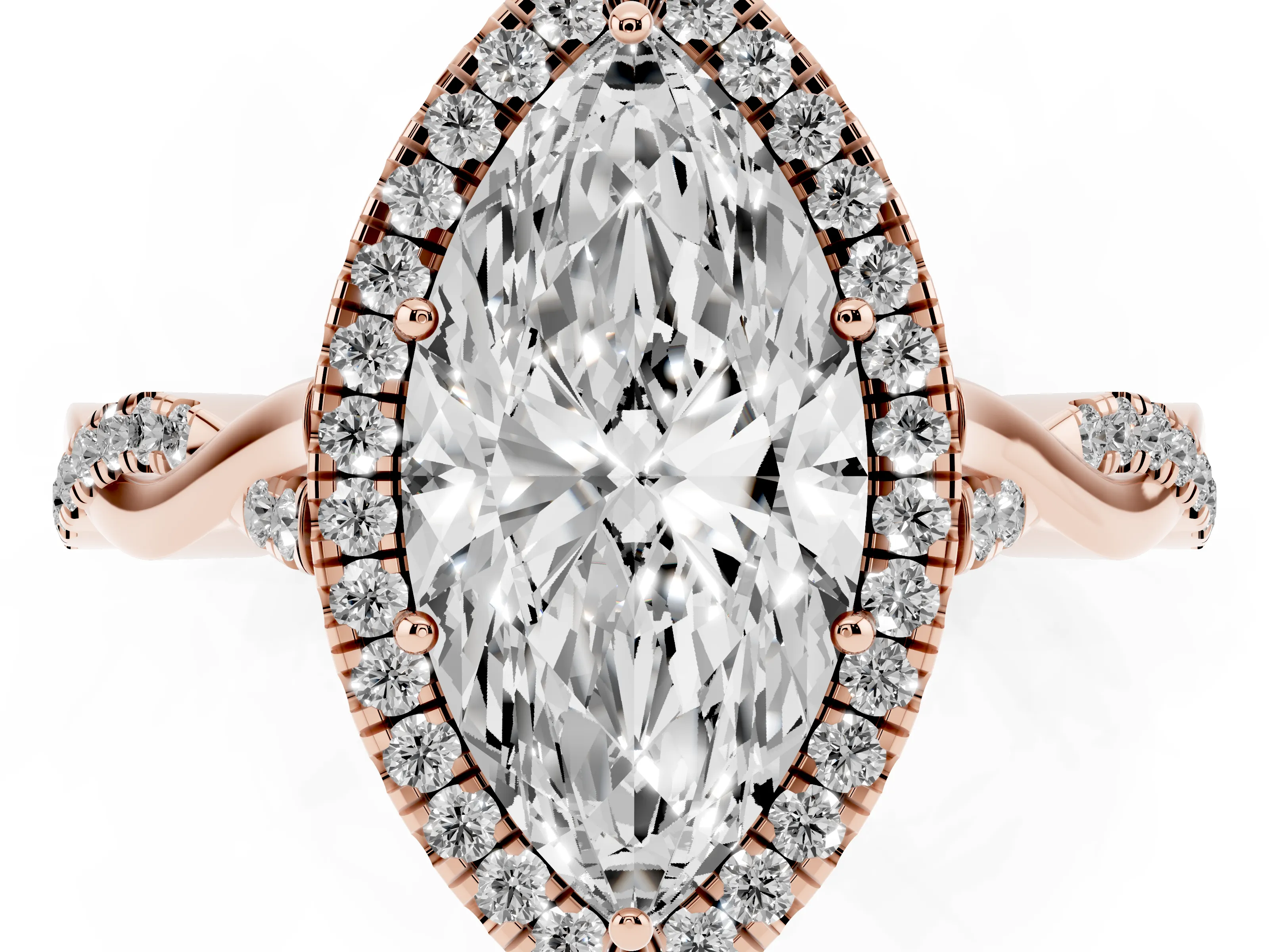 Marquise Cut Diamond Halo Twist Band Solitaire Ring Set in Rose gold with Prong Setting