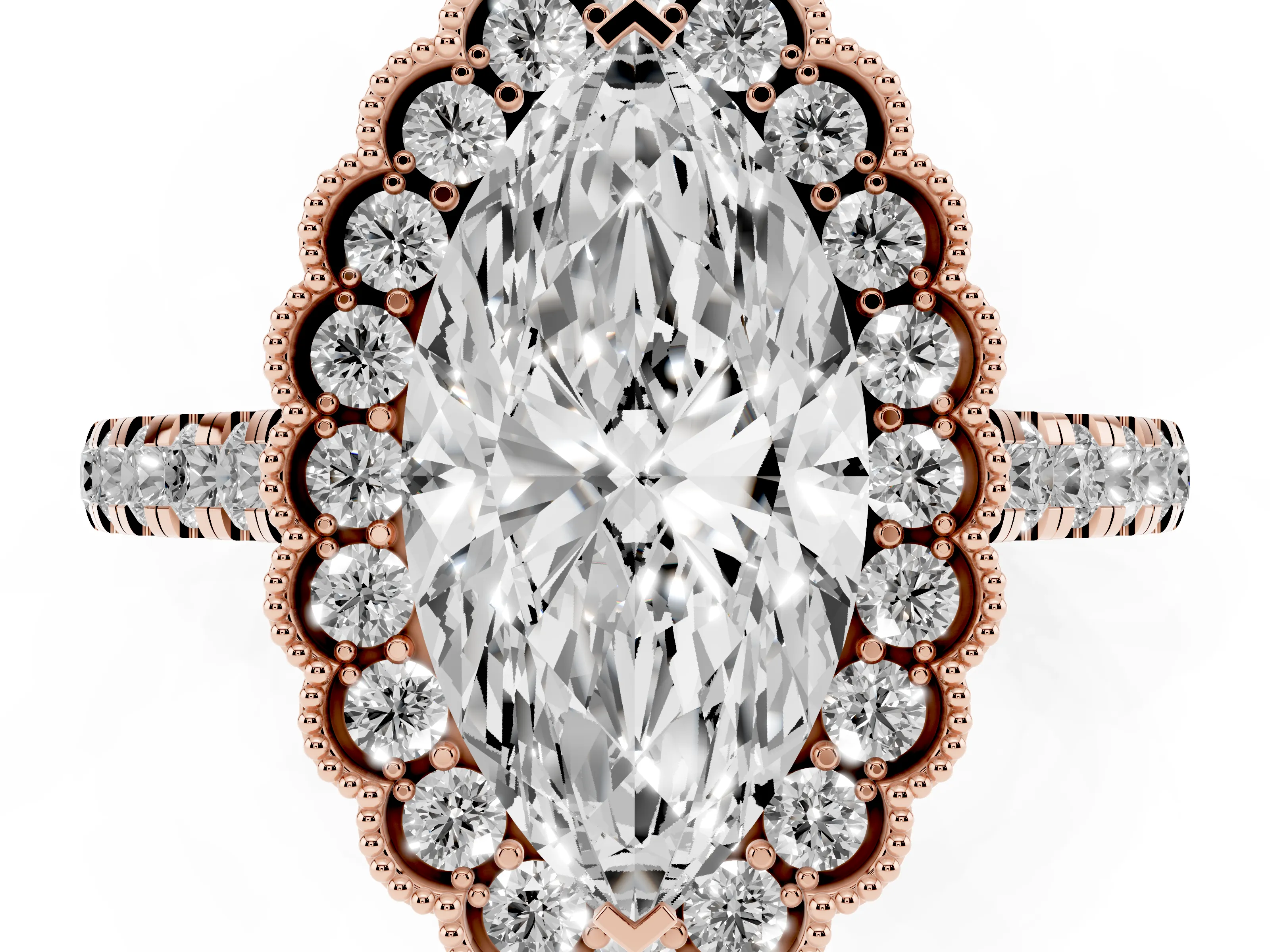 Marquise Cut Diamond Milgrain Floral Halo Engagement Ring Set in Rose gold with Pavé Band