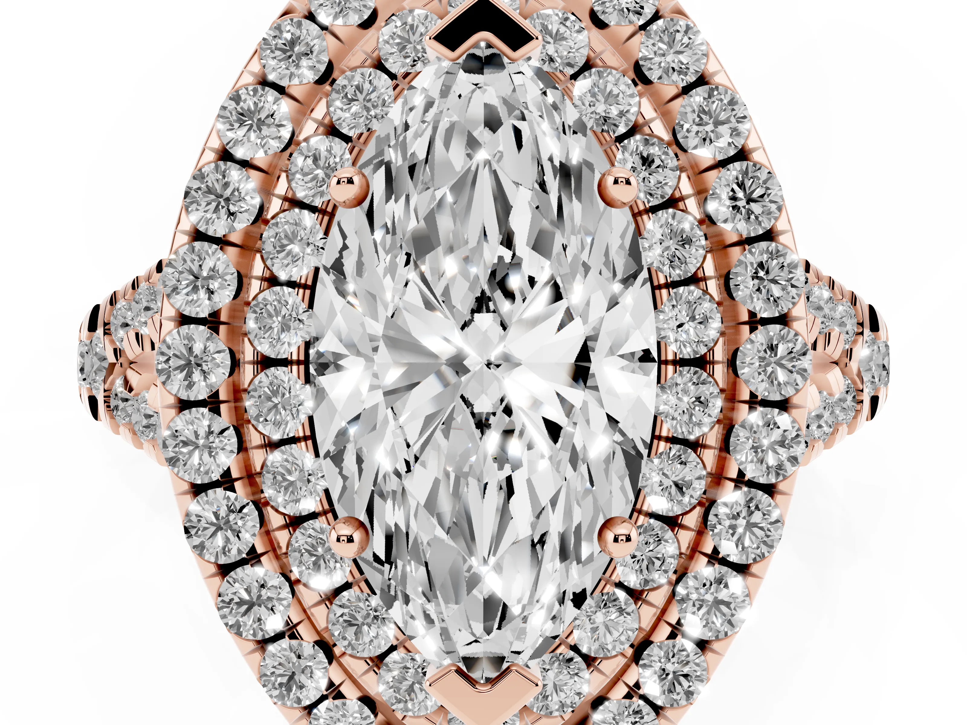 Marquise Cut Diamond Double Halo Ring Set in Rose gold with Pavé Split Shank and Prong Setting