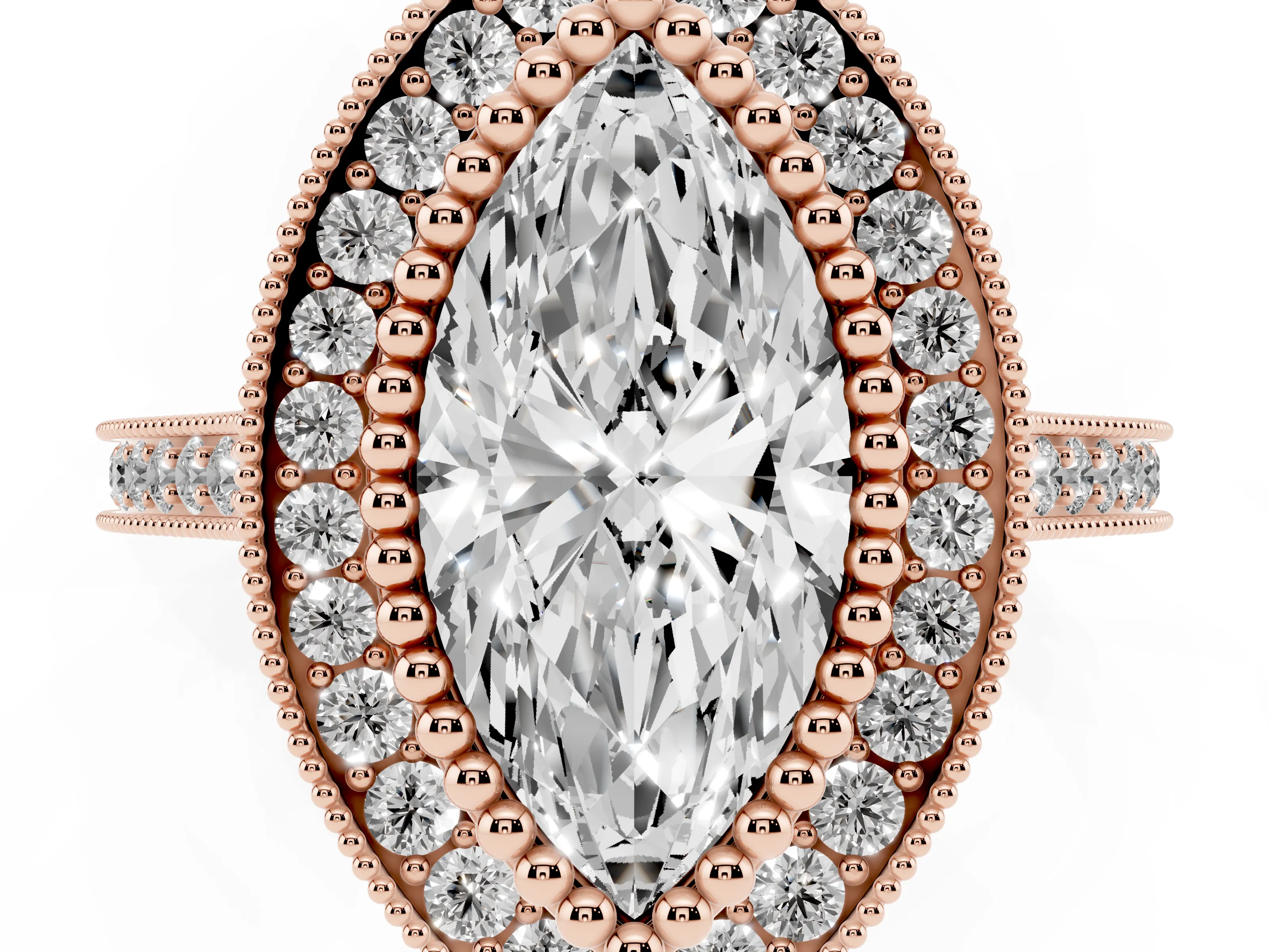 Marquise Cut Diamond Halo Ring Set in Rose gold with Milgrain Frame and Pavé Band