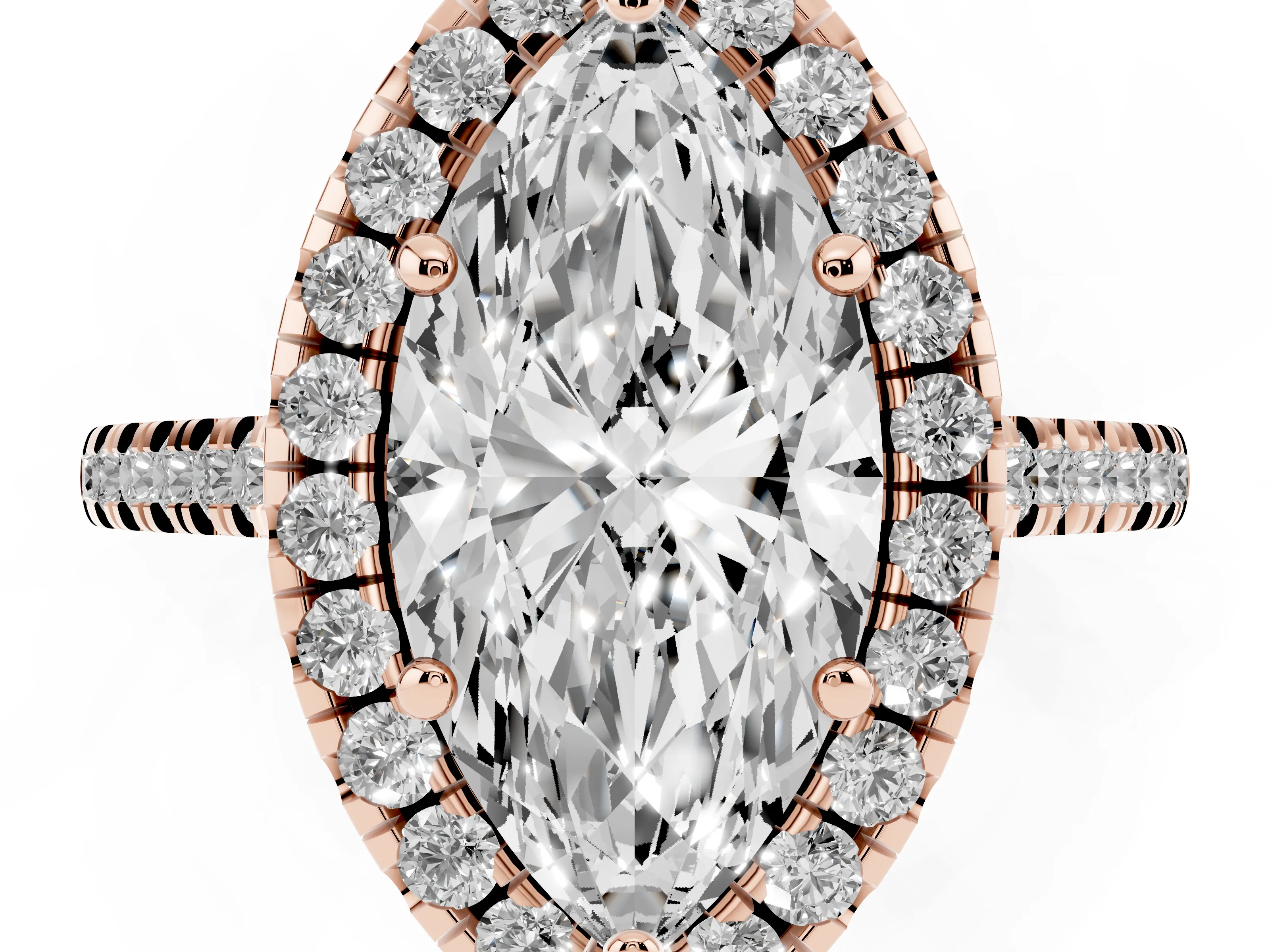 Marquise Cut Diamond Cushion Halo Ring Set in Rose gold with Pavé Band