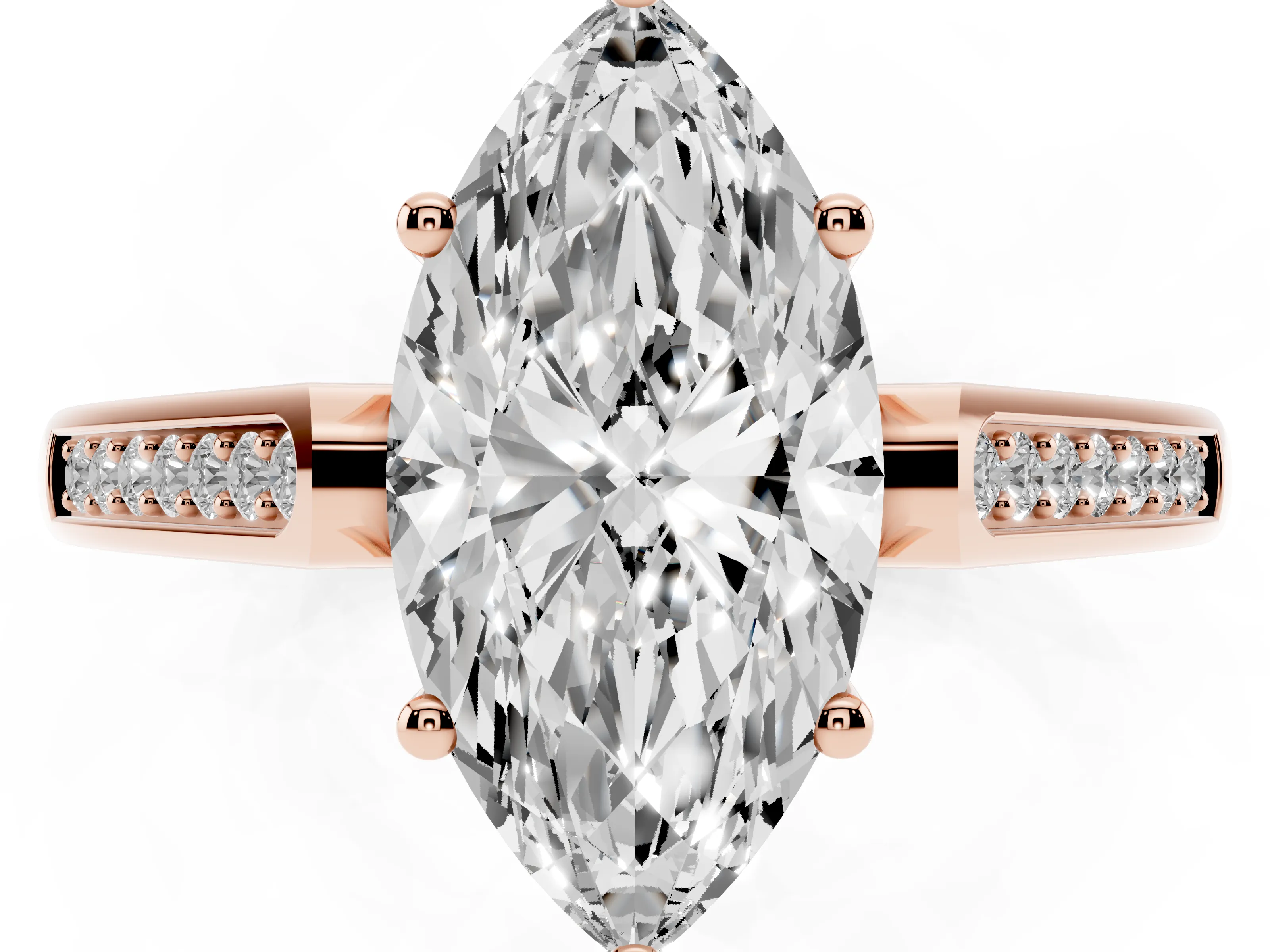 Marquise Cut Diamond Solitaire Cathedral Engagement Ring Set in Rose gold with Channel-Set Band and Prong Setting