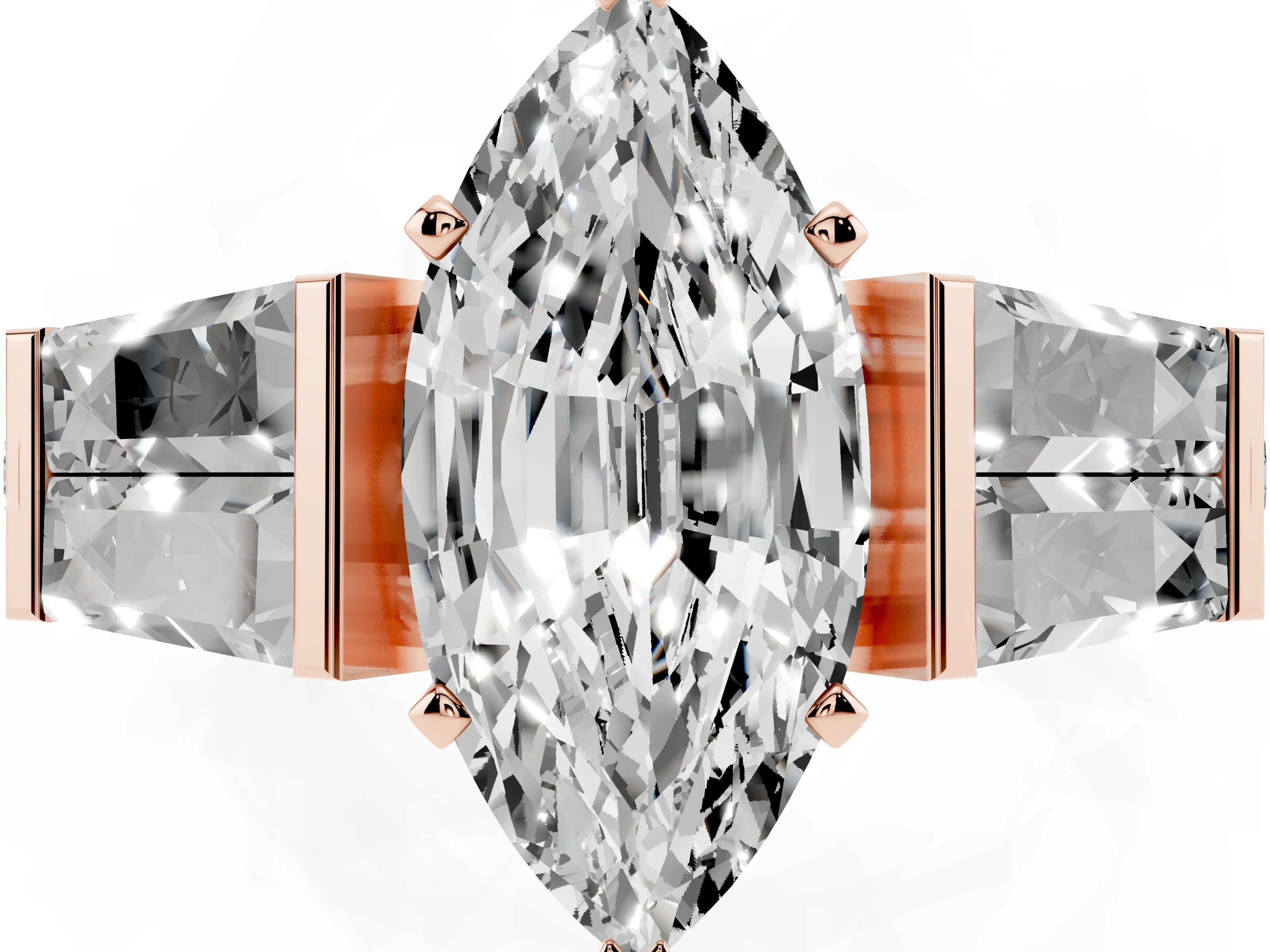 Marquise Cut Diamond Engagement Ring Set in Rose gold with Baguette Side Stones and Channel Set Band