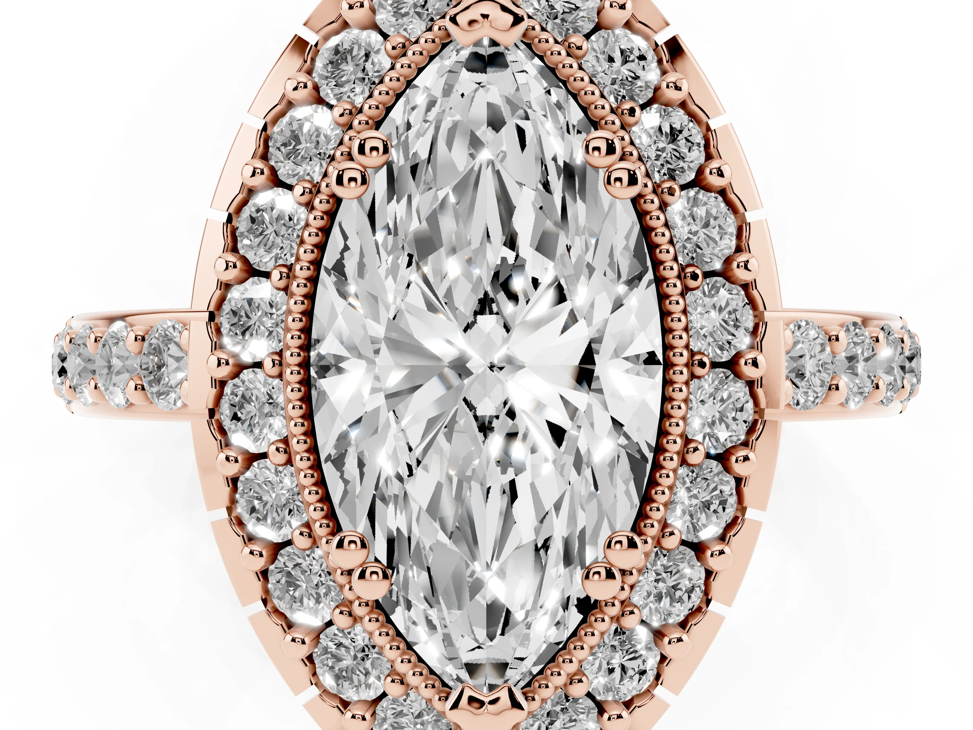 Marquise Cut Diamond Halo Ring Set in Rose gold with Pavé Shank and Prong Setting