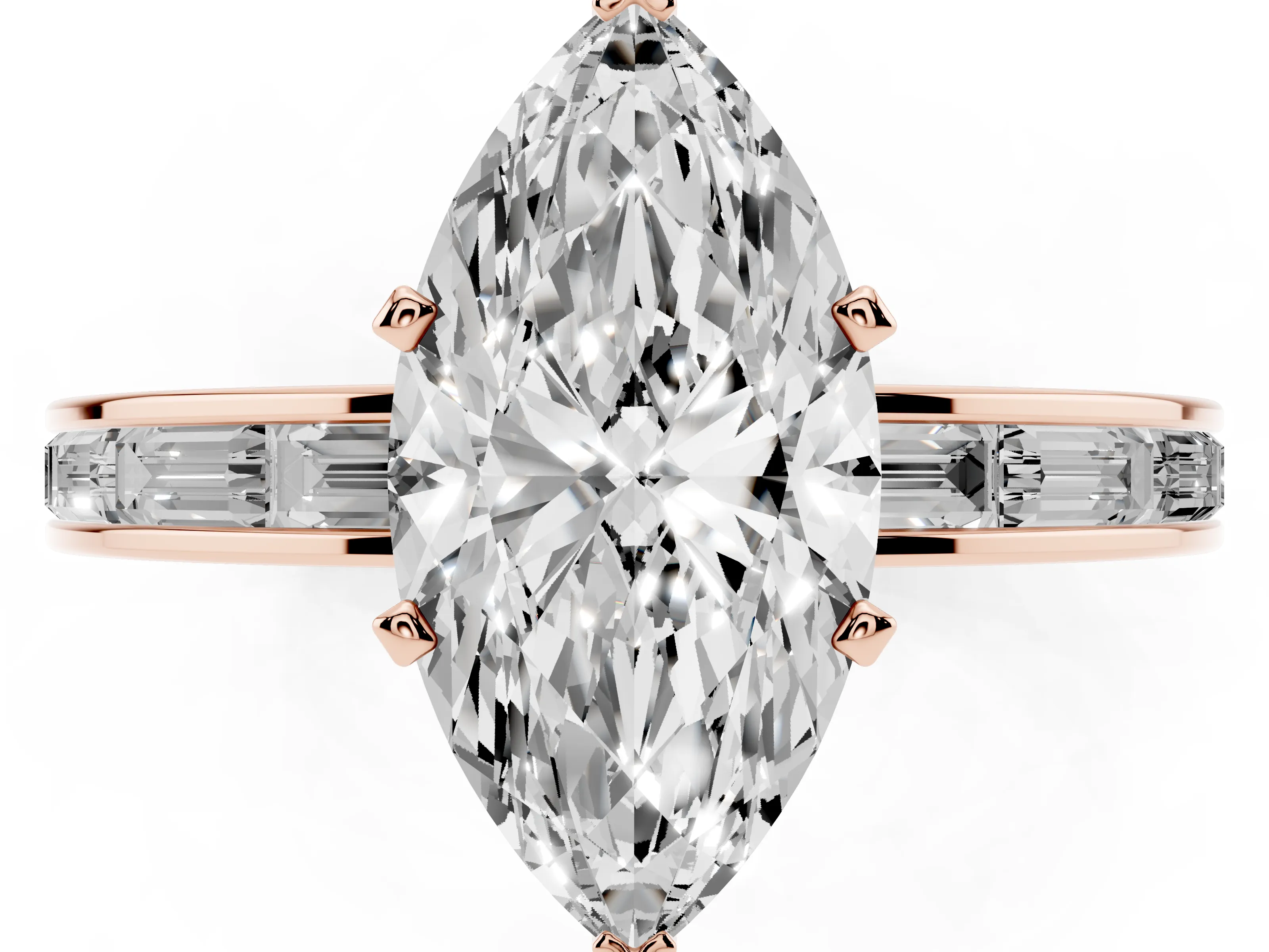 Marquise Cut Diamond Solitaire Ring Set in Rose gold with Channel-Set Baguette Band and Prong Setting