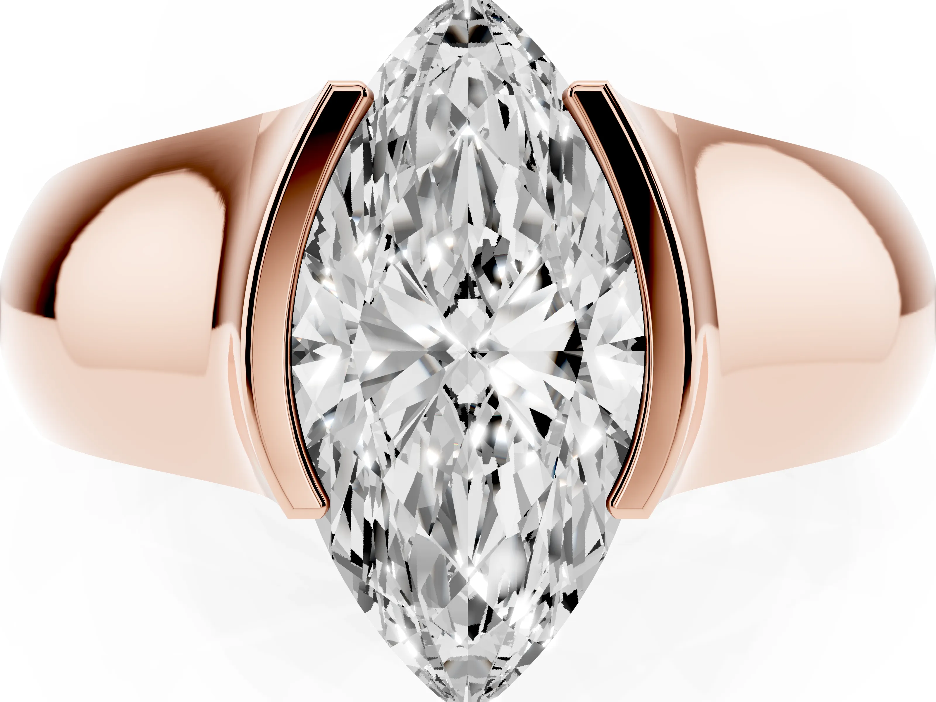 Marquise Cut Diamond Bezel Solitaire Ring Set in Rose gold with Wide Band