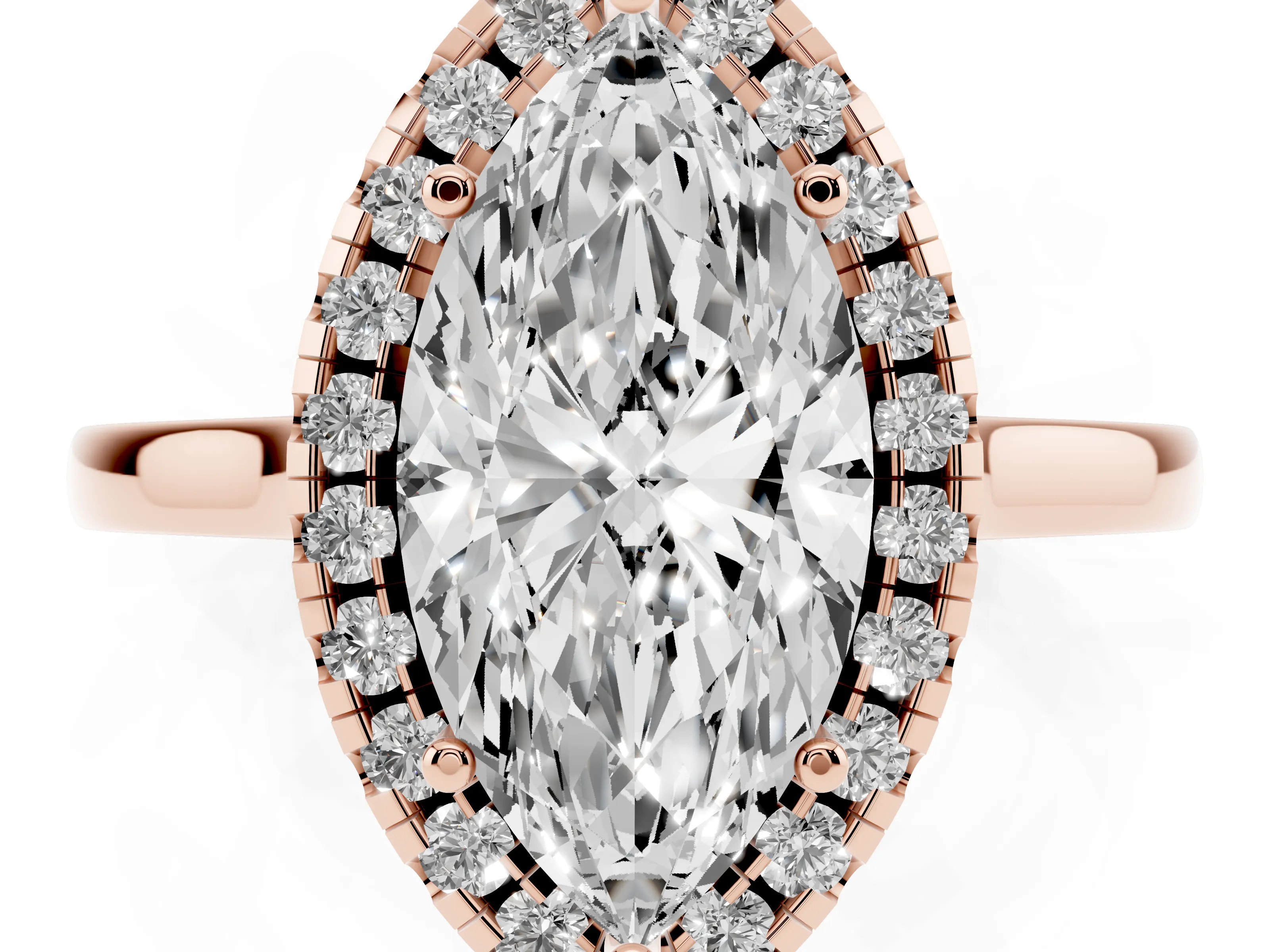Marquise Cut Halo Round Diamond Solitaire Ring Set in Rose gold with Pavé Band and Prong Setting