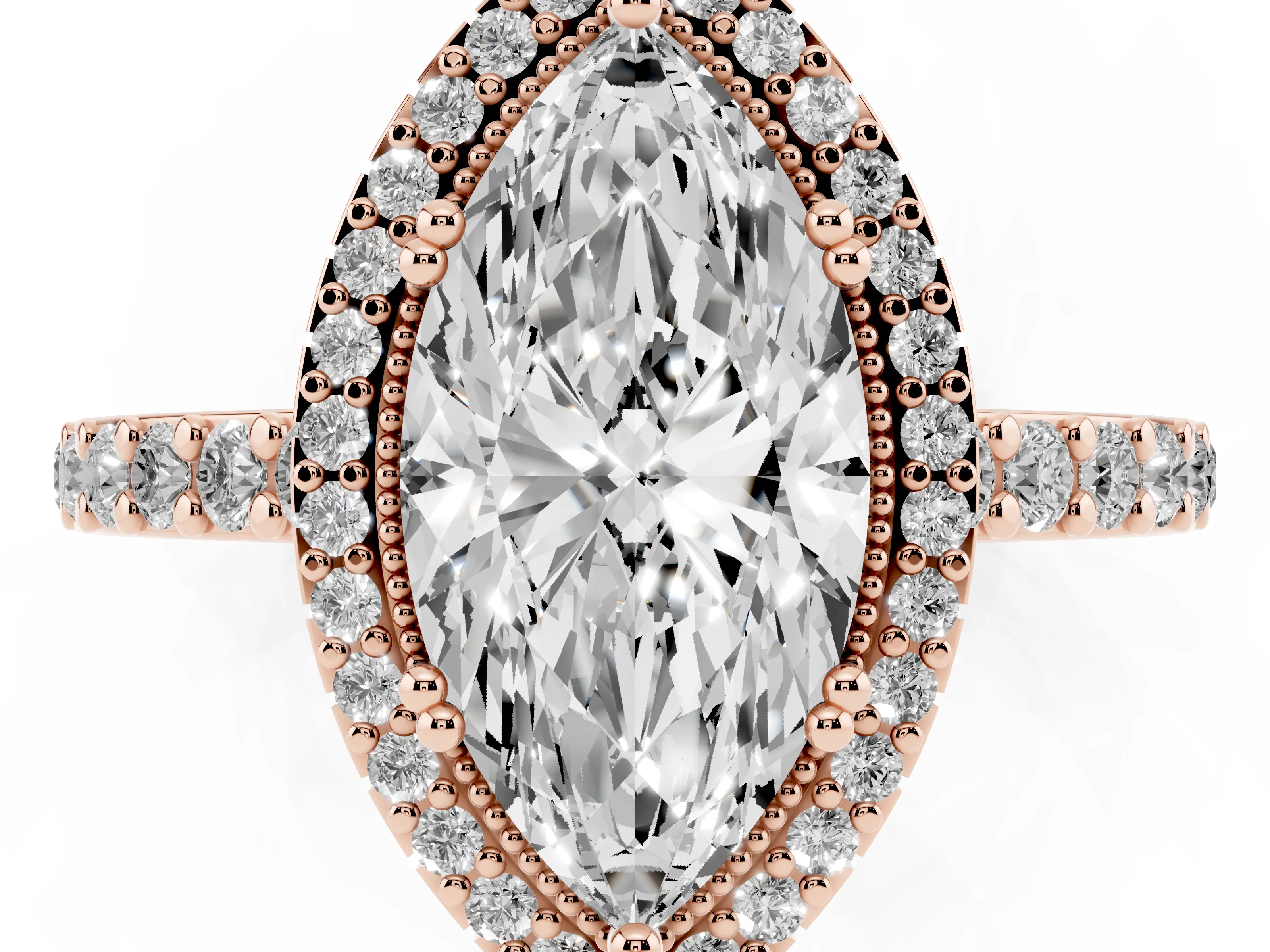 Marquise Cut Diamond Halo Engagement Ring Set in Rose gold with Milgrain Detail and Pavé Band