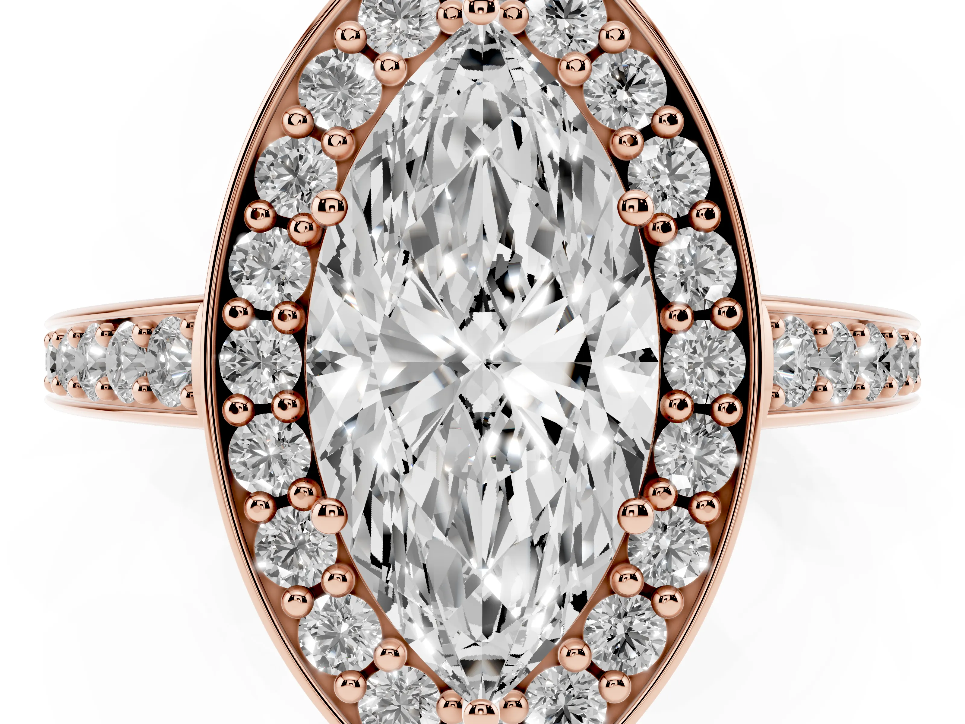 Marquise Cut Diamond Halo Pavé Engagement Ring Set in Rose gold with Bezel Setting