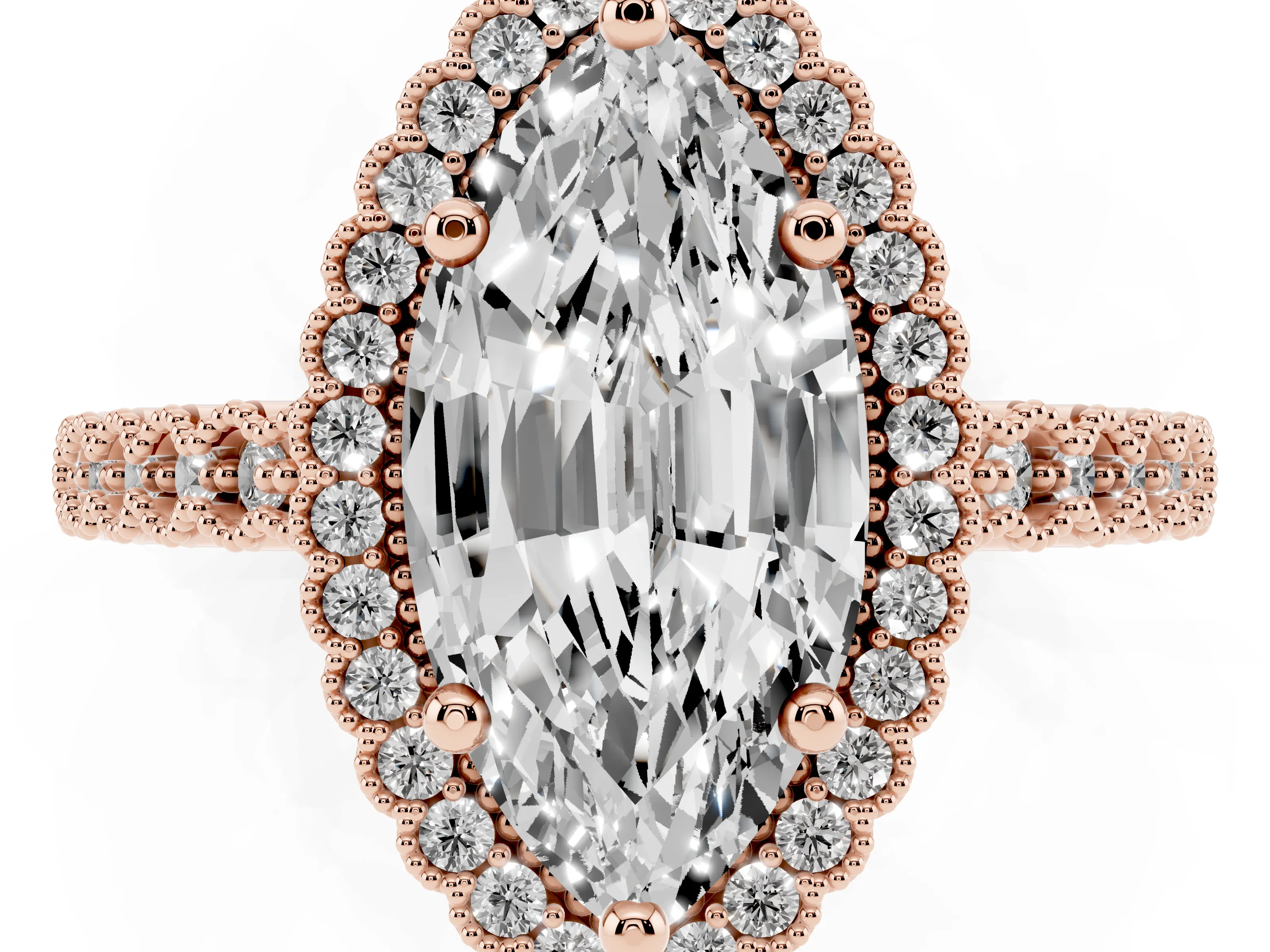 Marquise Cut Diamond Halo Ring Set in Rose gold with Pavé Milgrain Band