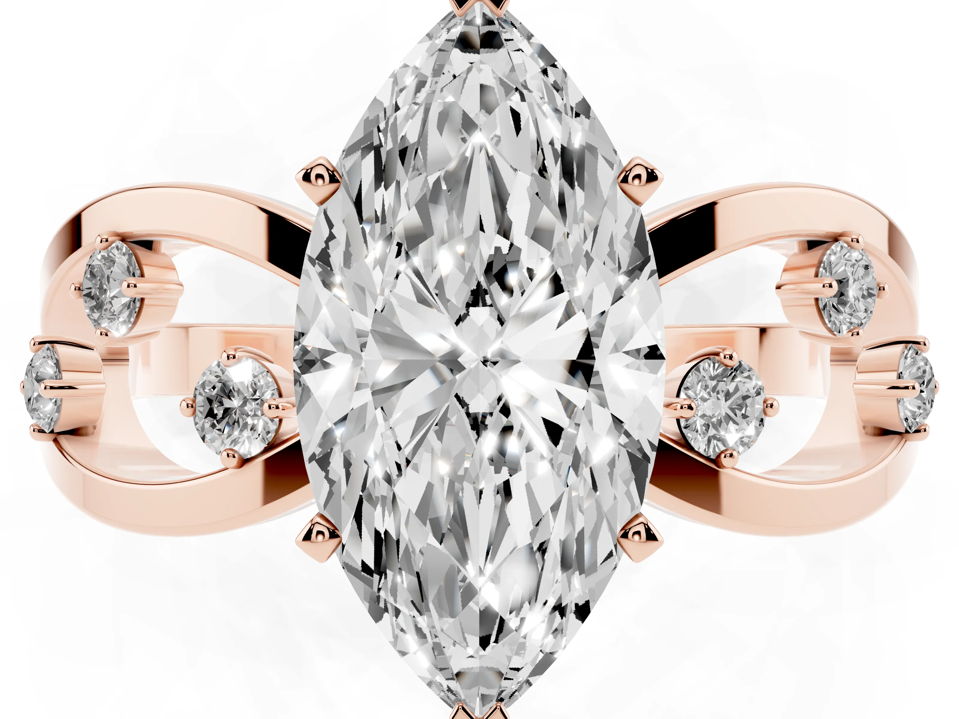 Marquise Cut Diamond Solitaire Ring Set in Rose gold with Side Stones on Criss-Cross Band and Prong Setting