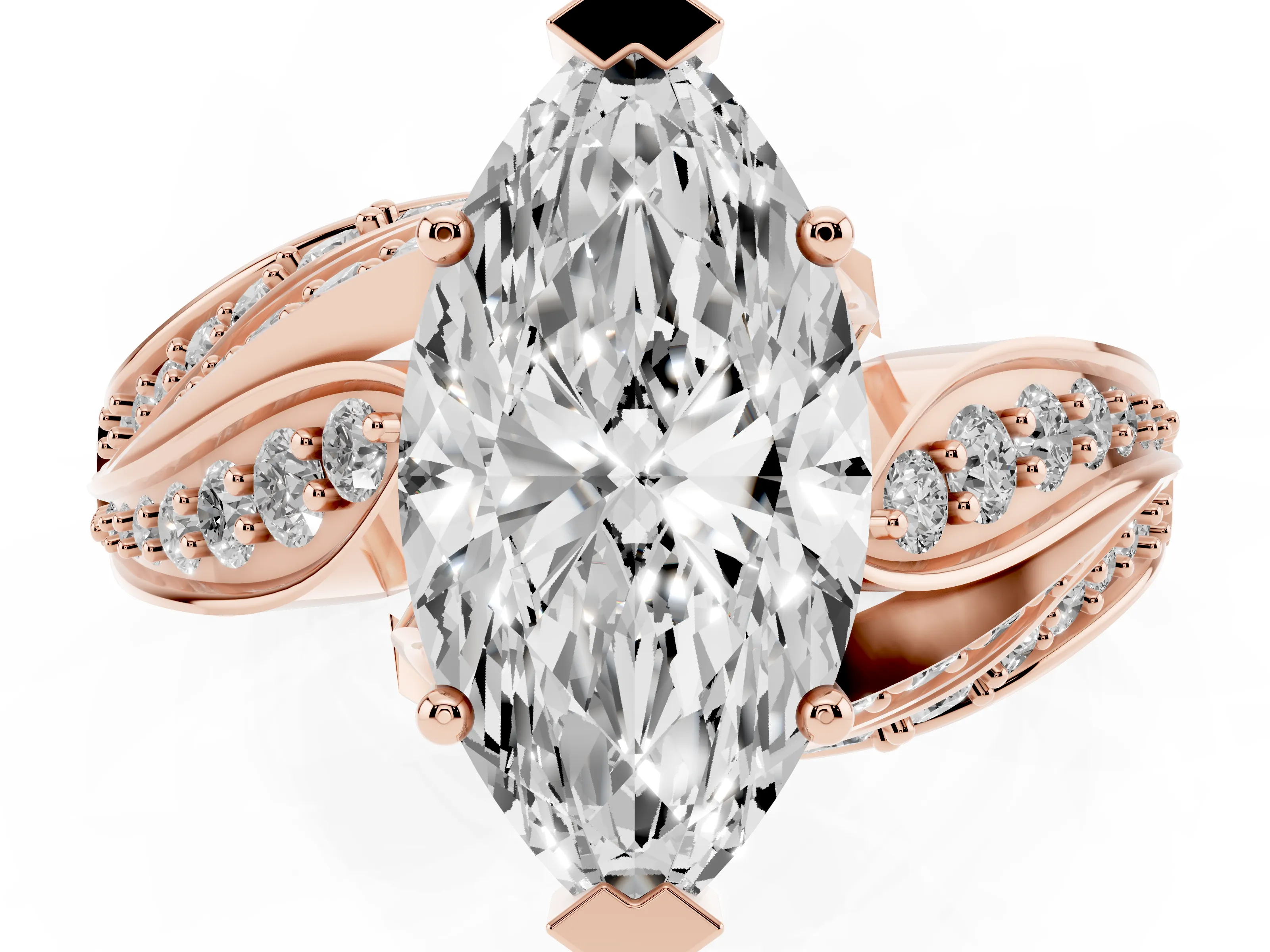 Marquise Cut Diamond Solitaire Ring Set in Rose gold with Layered Twist Pavé Band
