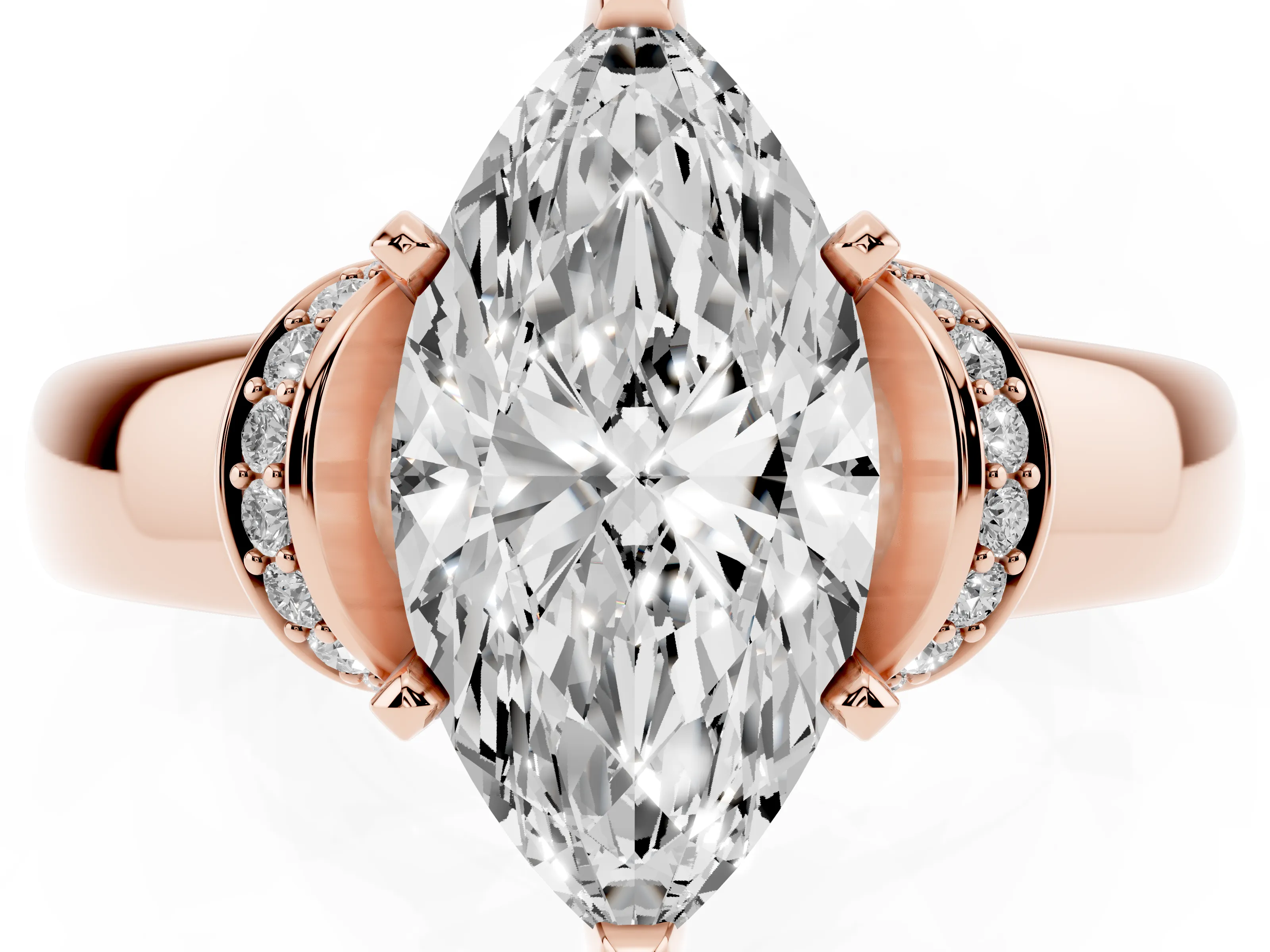 Marquise Cut Diamond Pavé Band Solitaire Ring Set in Rose gold with Prong Setting
