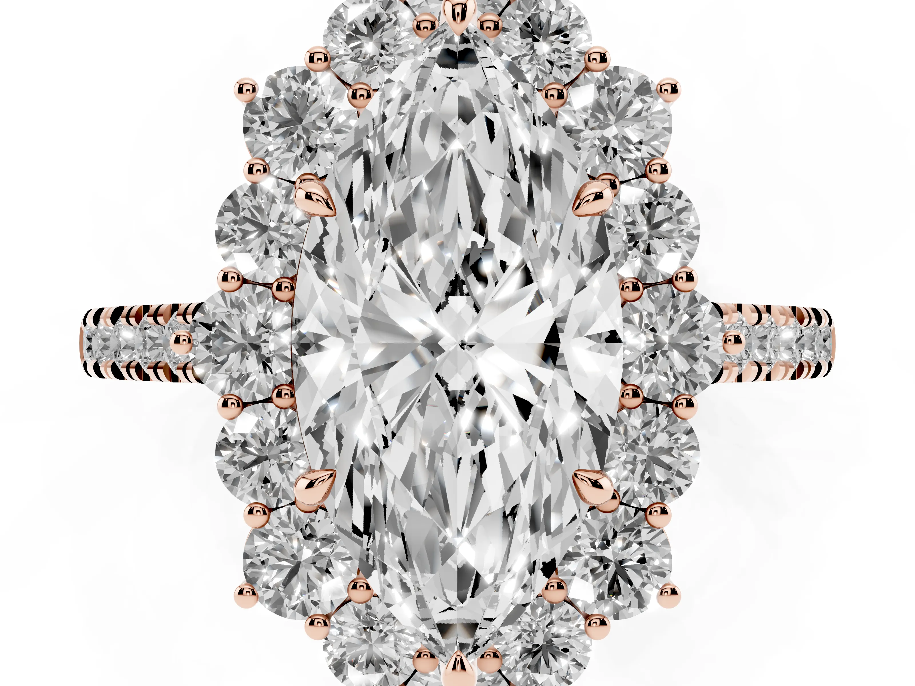 Marquise Cut Diamond Halo Ring Set in Rose gold with Pavé Band and Prong Setting