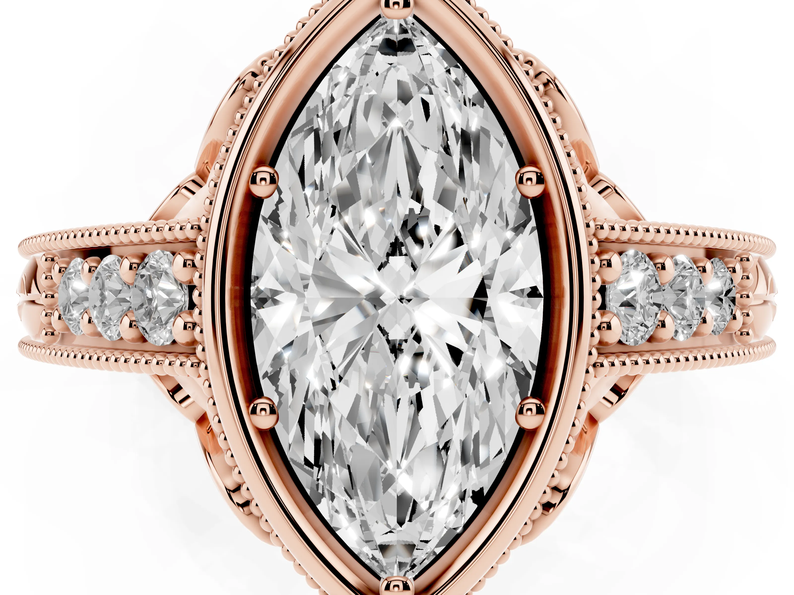 Bezel Set Marquise Cut Diamond Milgrain Pavé Engagement Ring Set in Rose gold