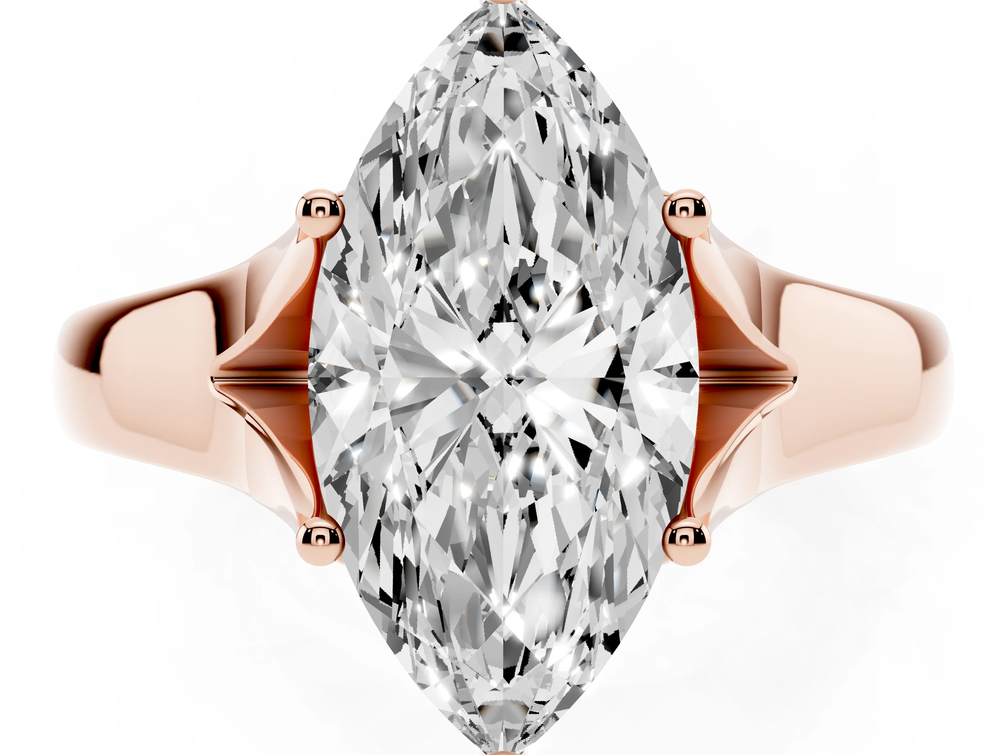 Marquise Cut Diamond Solitaire Ring Set in Rose gold with Arched Cathedral Band and Prong Setting