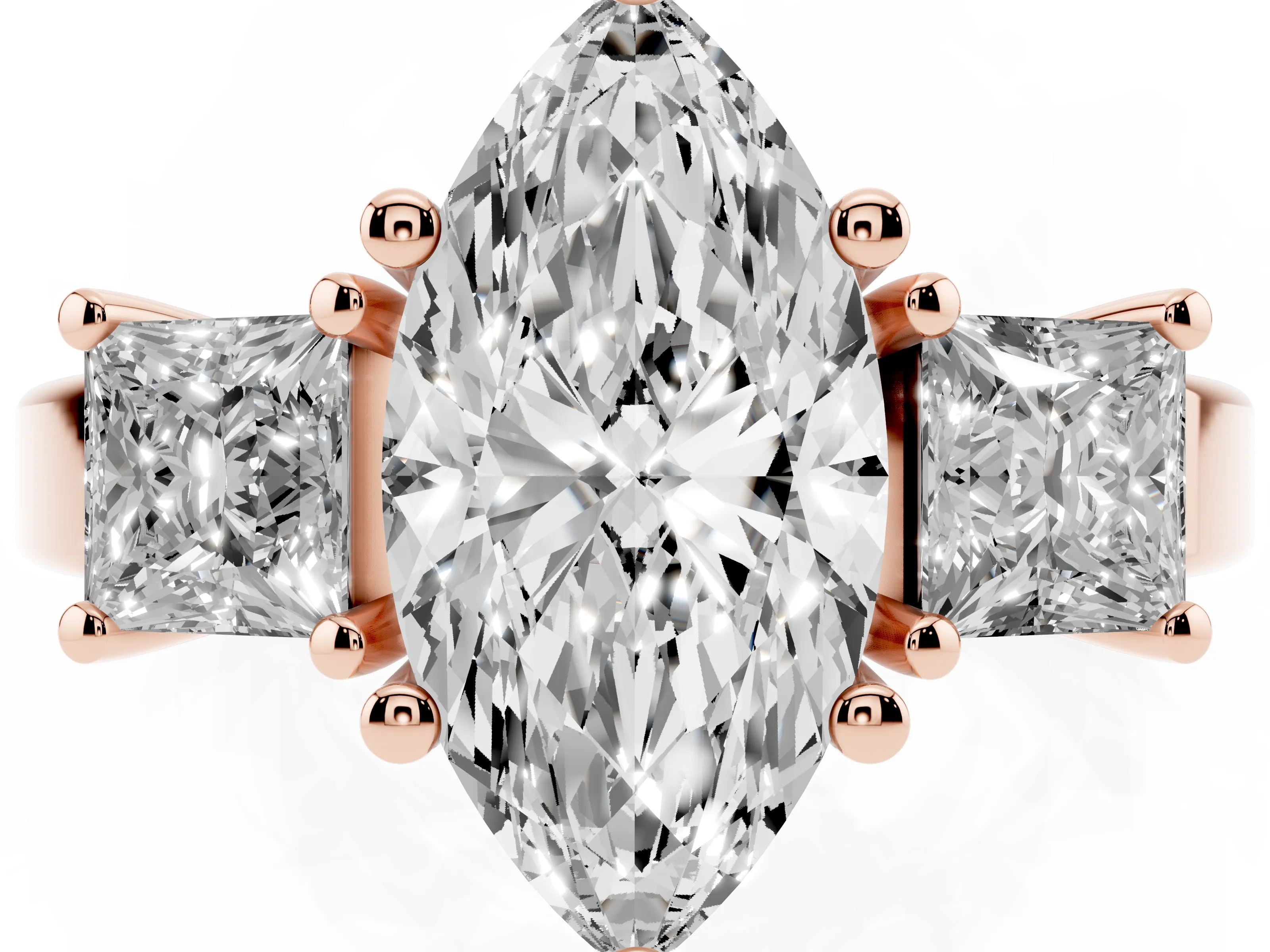 Three-Stone Marquise Cut Diamond Solitaire Ring Set in Rose gold with Prong Setting