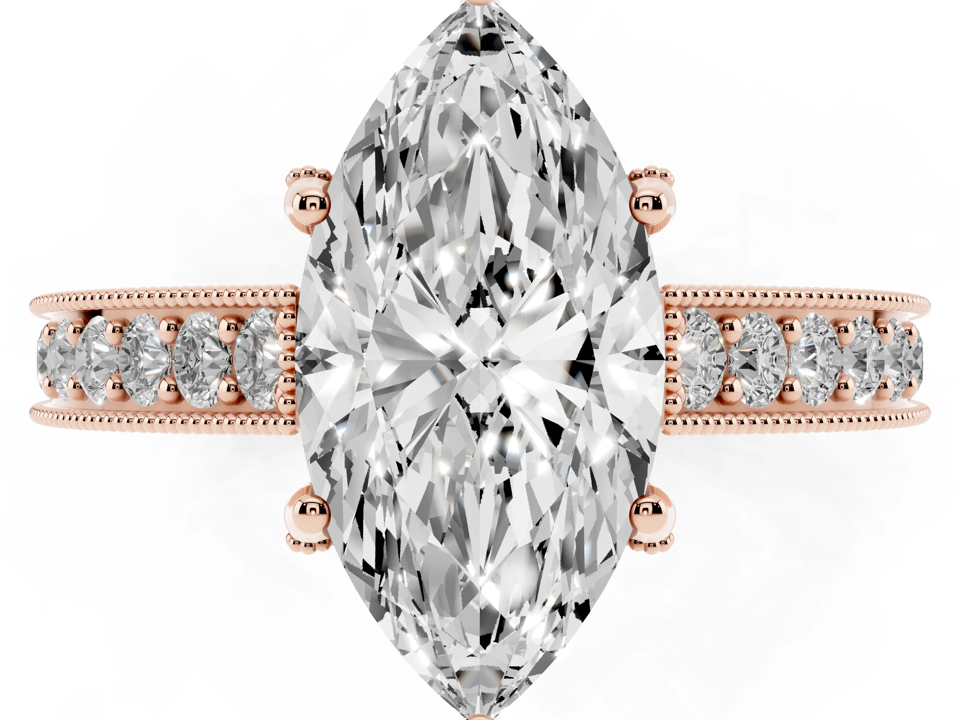 Marquise Cut Diamond Solitaire Ring Set in Rose gold with Milgrain-Edged Pavé Band and Prong Setting