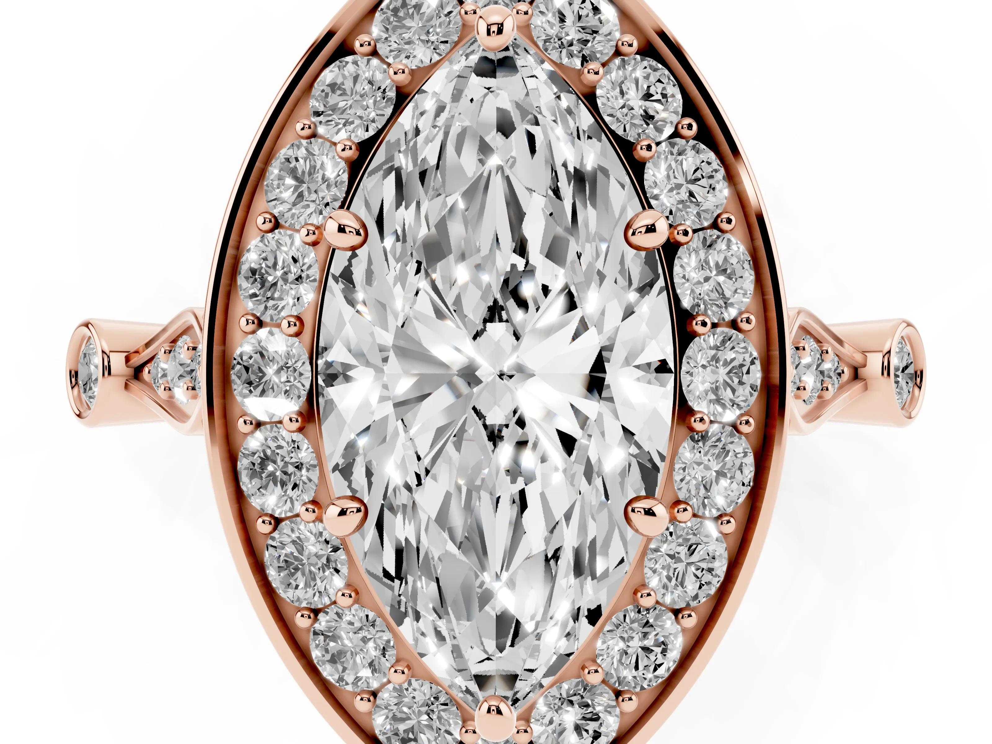Marquise Cut Diamond Halo Engagement Ring Set in Rose gold with Twisted Band and Prong Setting