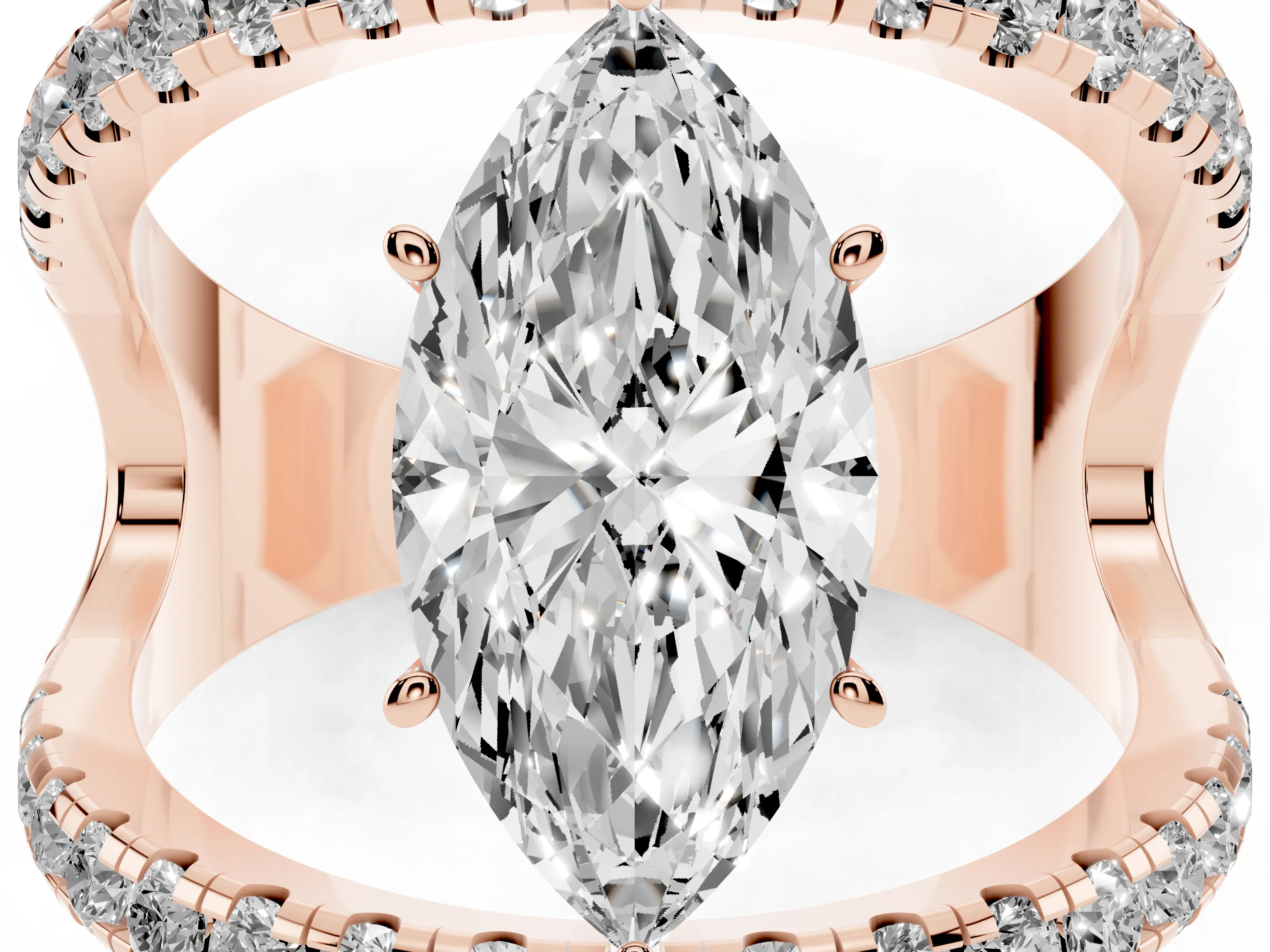 Marquise Cut Diamond Split Shank Pavé Solitaire Ring Set in Rose gold with Open Shank Design