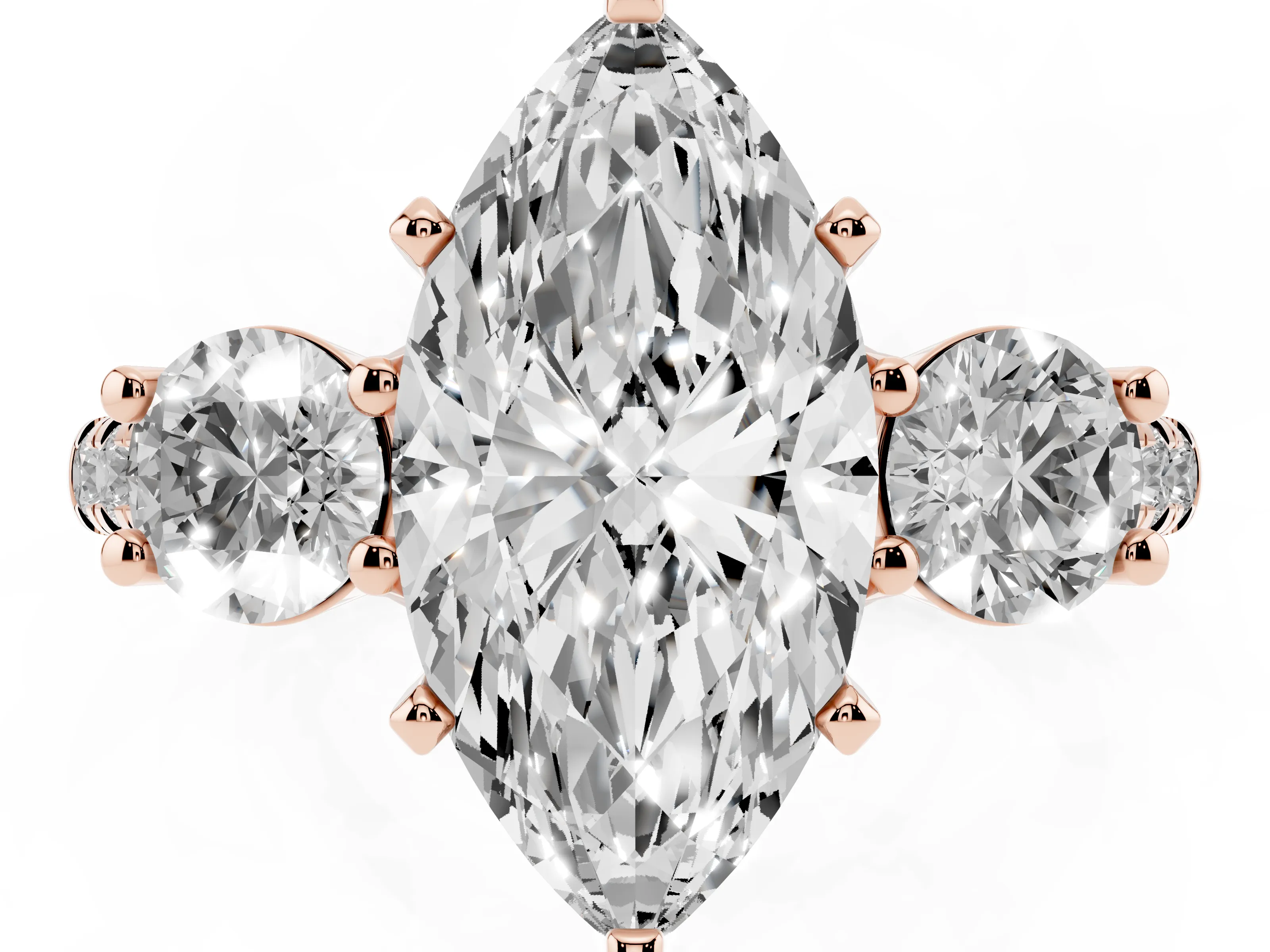 Three-Stone Marquise Cut Diamond Pavé Band Ring Set in Rose gold with Prong-Set Trio