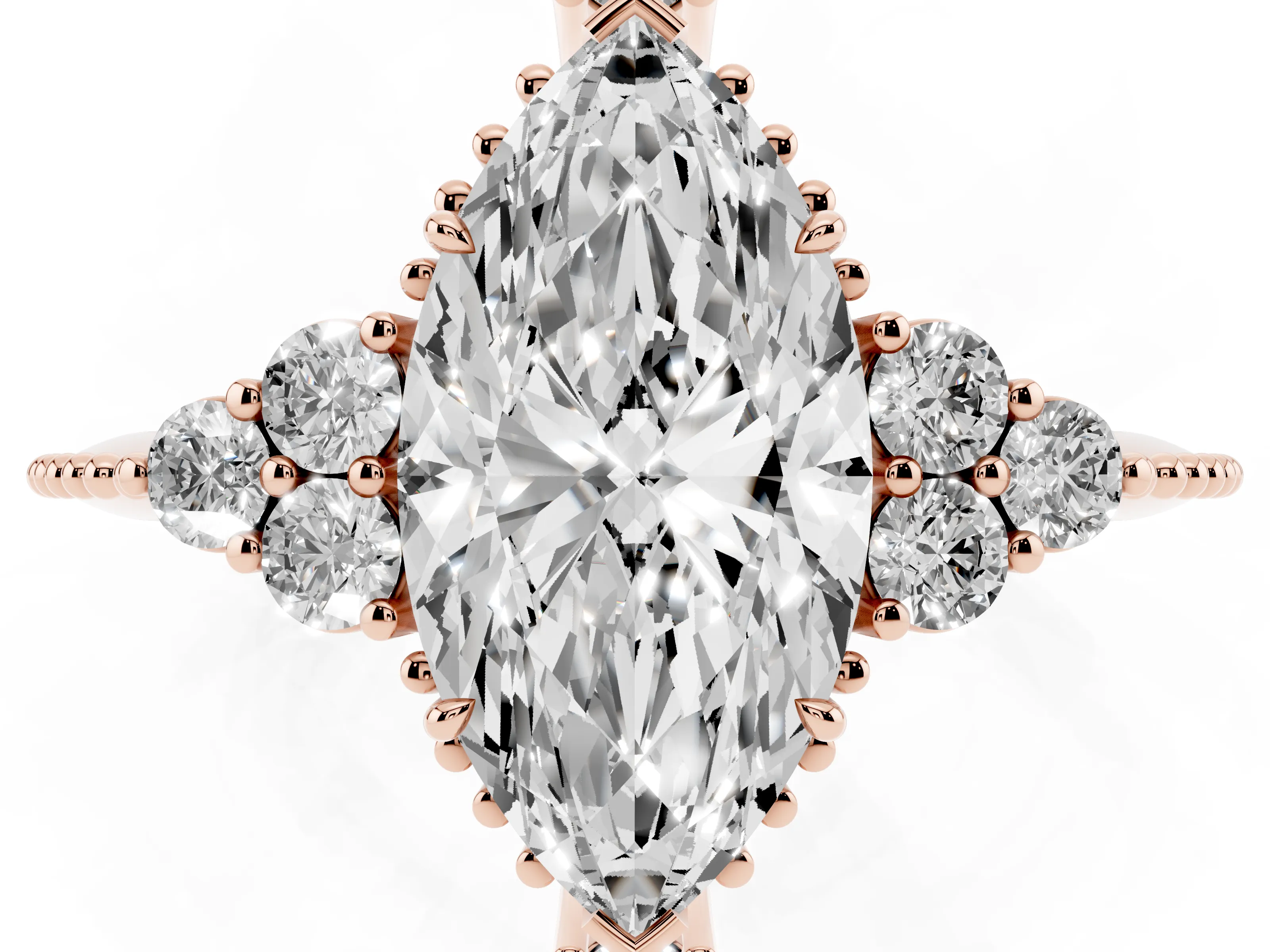 Marquise Cut Diamond Cluster Ring Set in Rose gold with Beaded Band