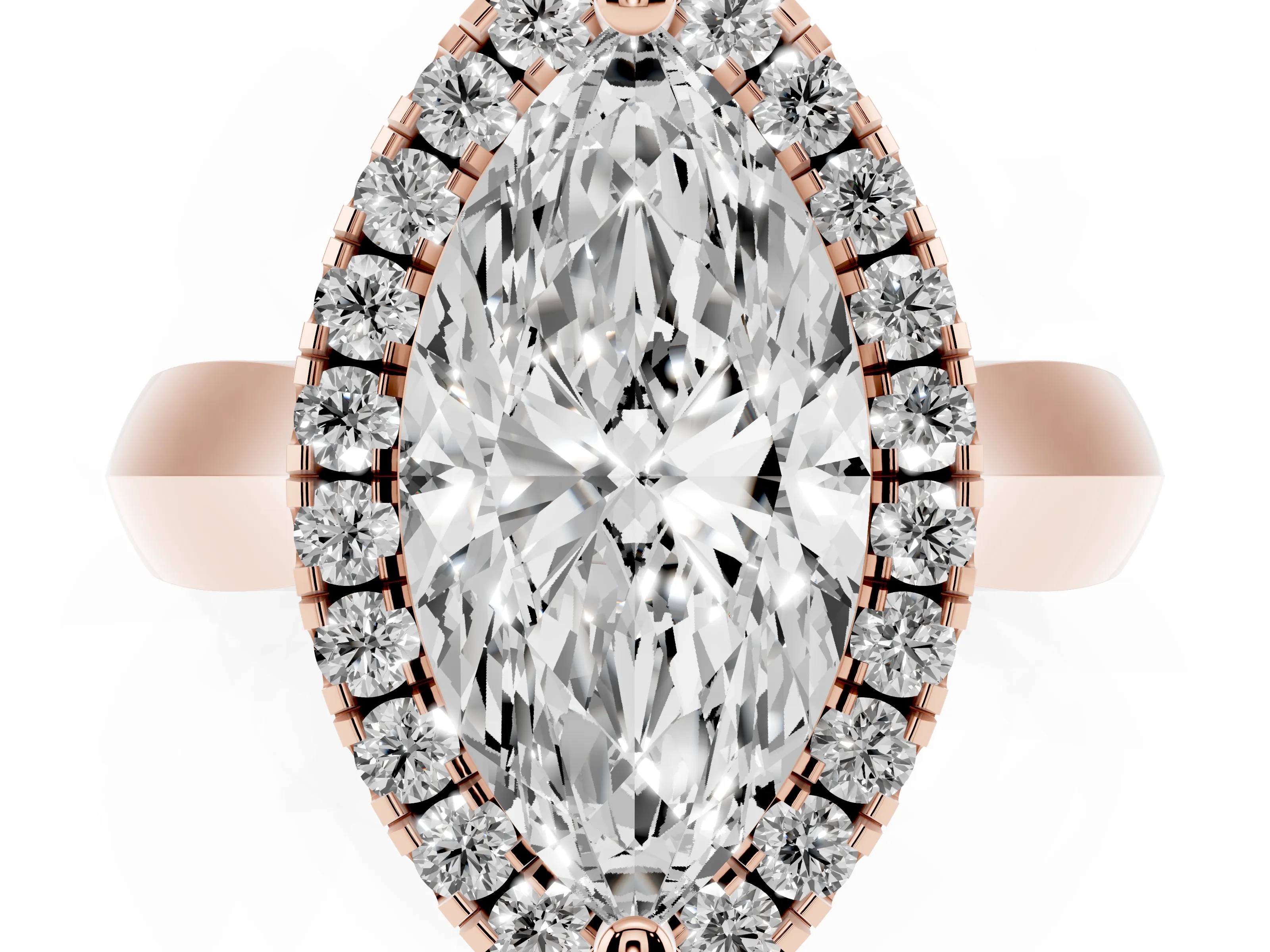 Marquise Cut Diamond Halo Solitaire Engagement Ring Set in Rose gold with Square Band and Prong Setting