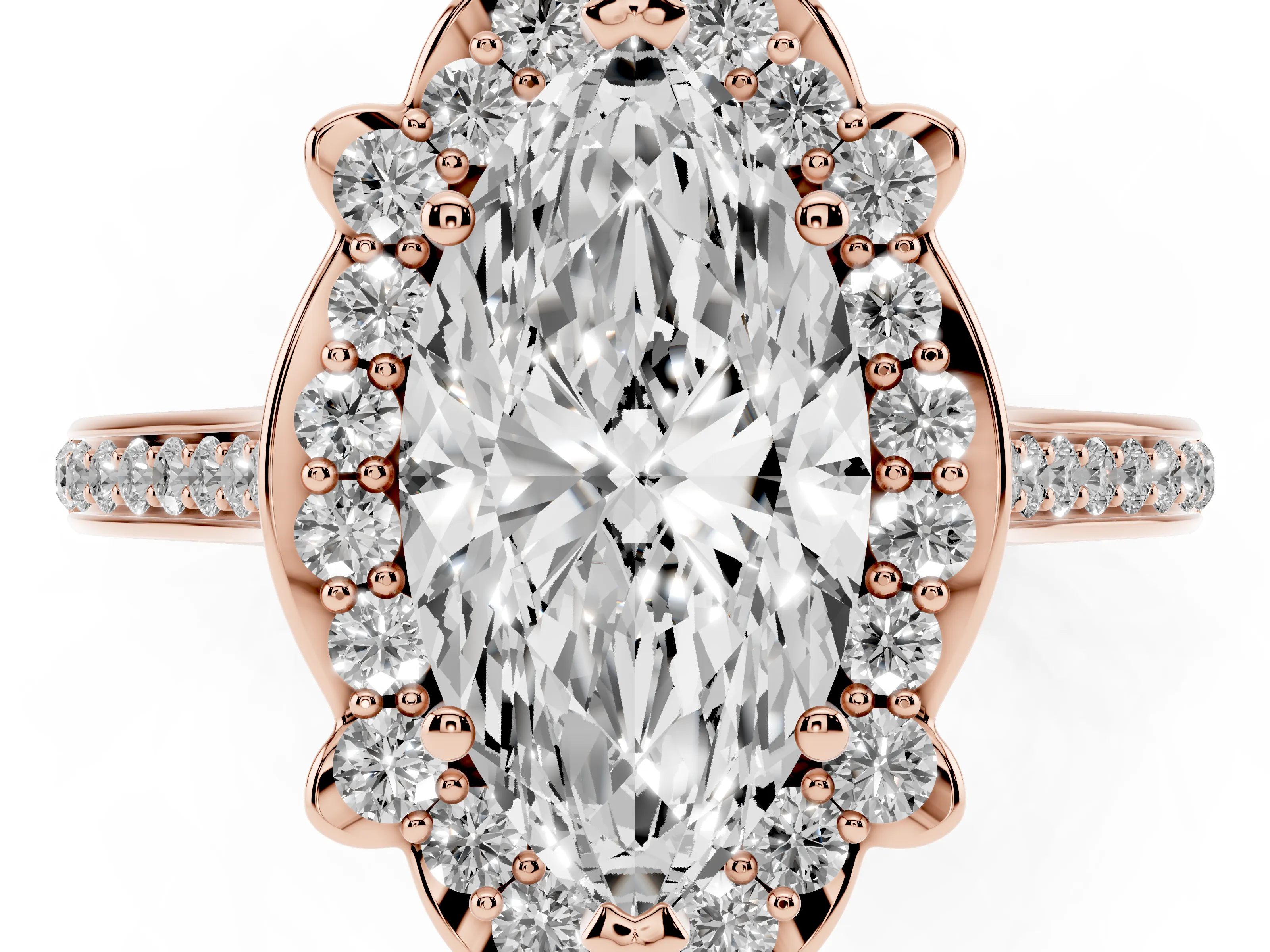Marquise Cut Diamond Halo Ring Set in Rose gold with Pavé-Lined Shoulders and Prong Setting