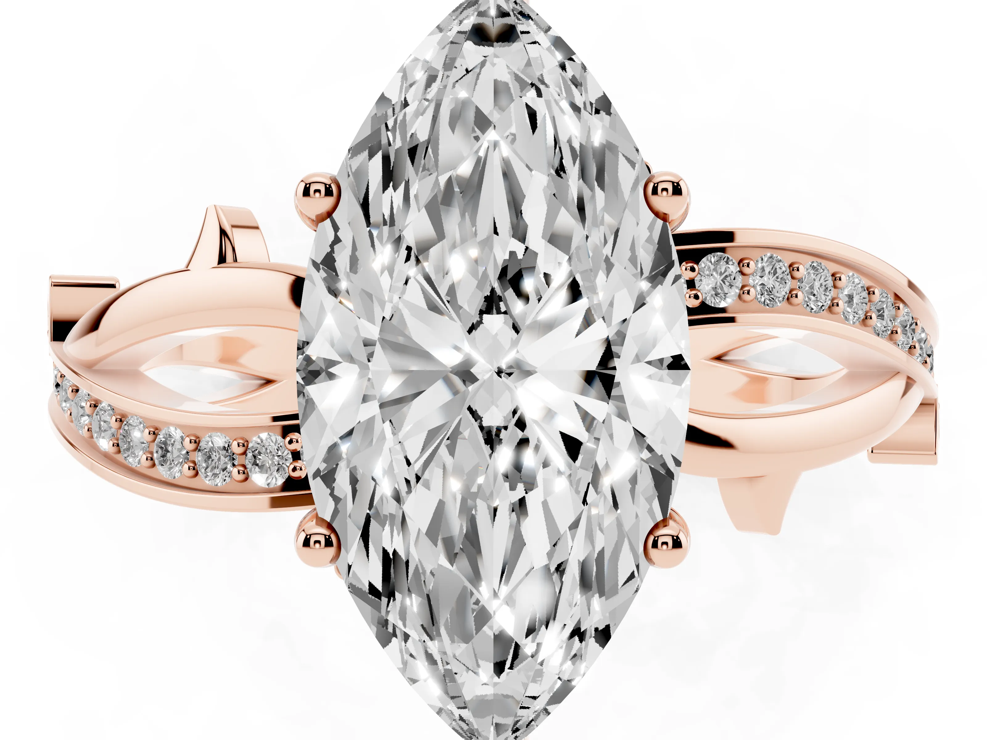 Marquise Cut Diamond Pavé Twist Band Solitaire Ring Set in Rose gold with Prong Setting