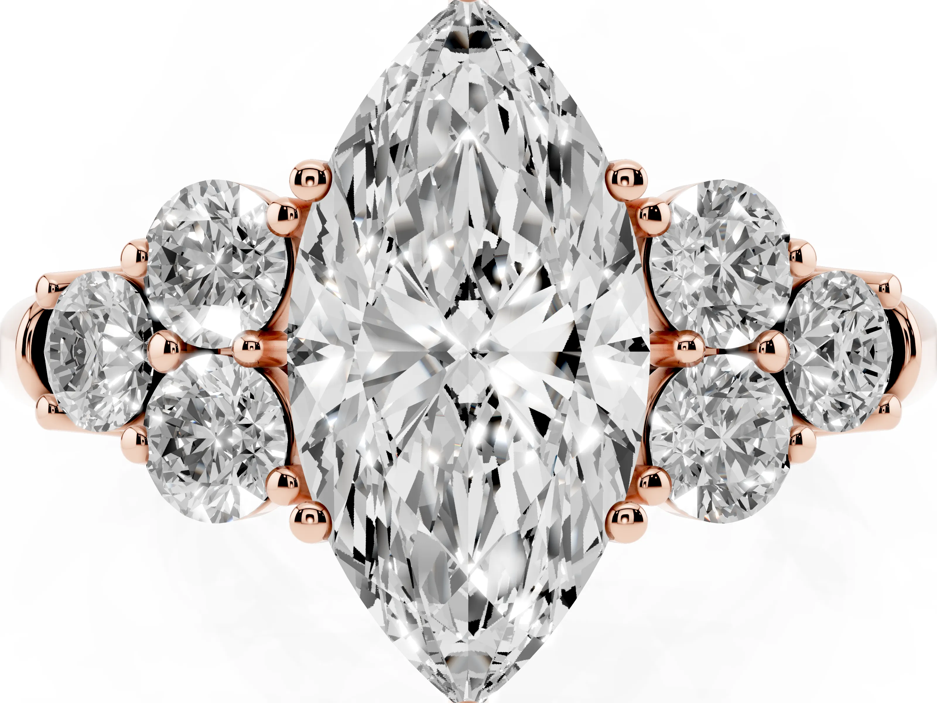 Marquise Cut Diamond Cluster Ring Set in Rose gold with Round Accent Stones and Prong Setting on a Plain Band