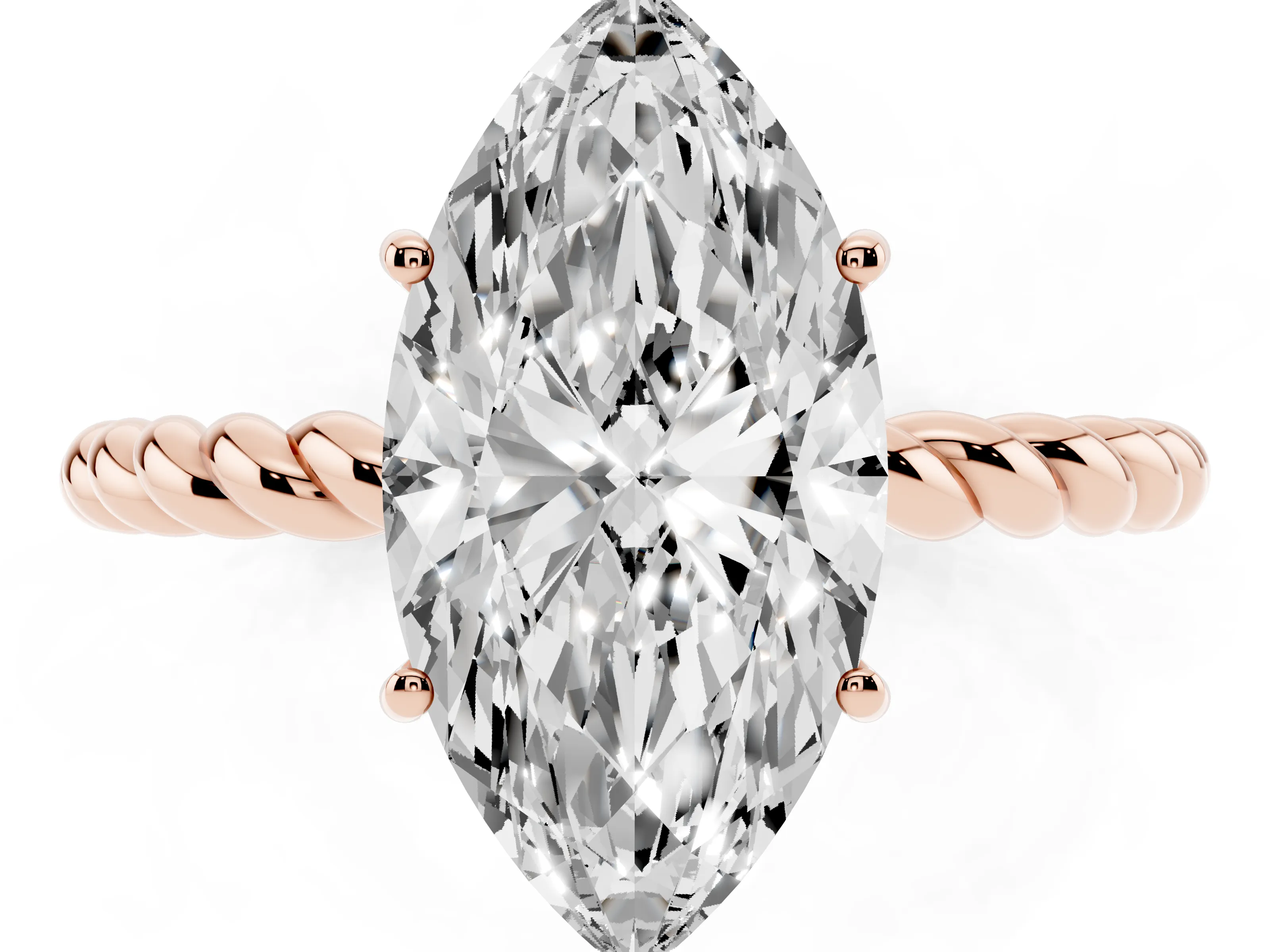 Marquise Cut Diamond Solitaire Ring Set in Rose gold with Twist Band and Prong Setting