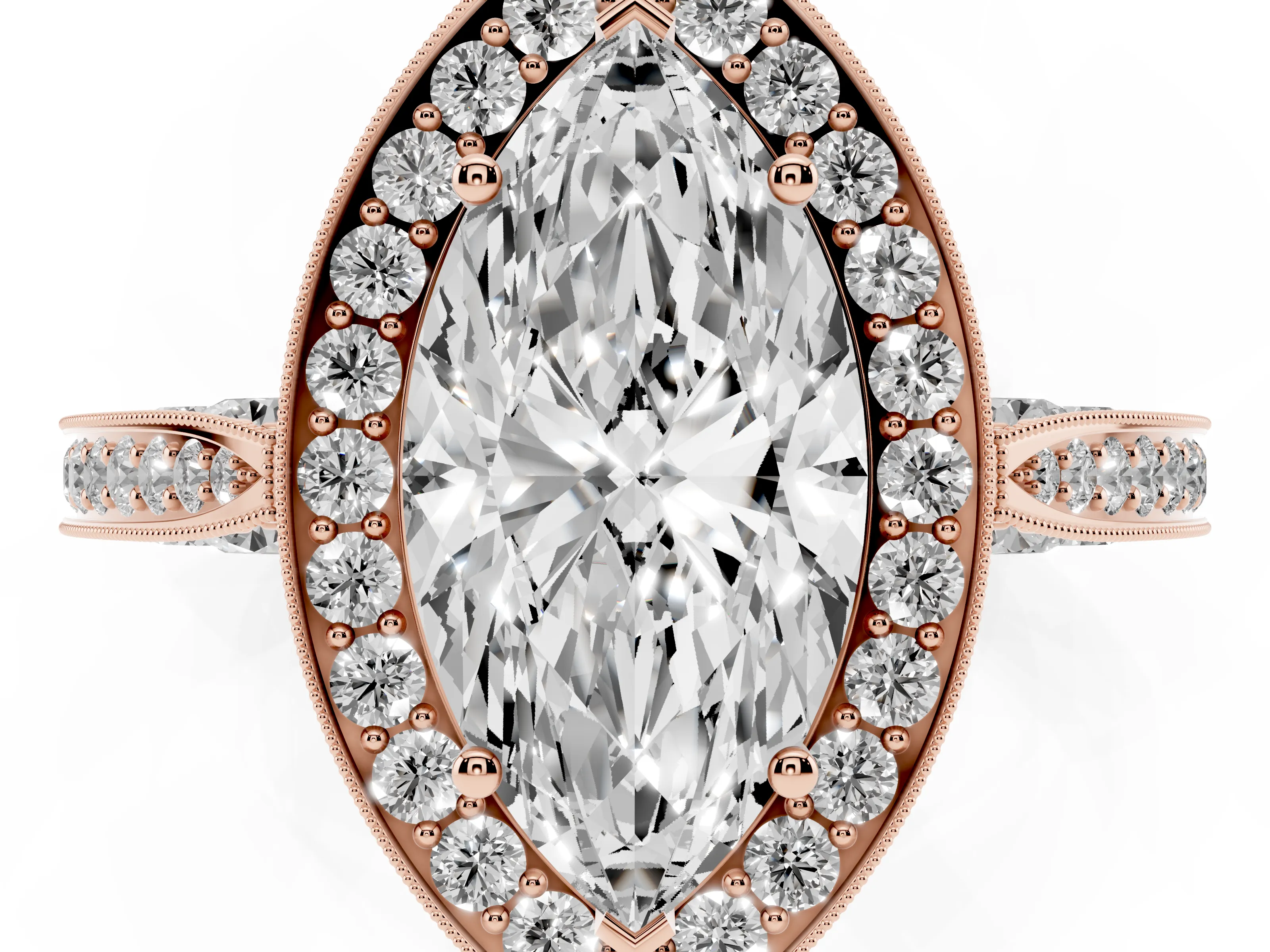 Marquise Cut Diamond Halo Engagement Ring Set in Rose gold with Accent Split Shank Band