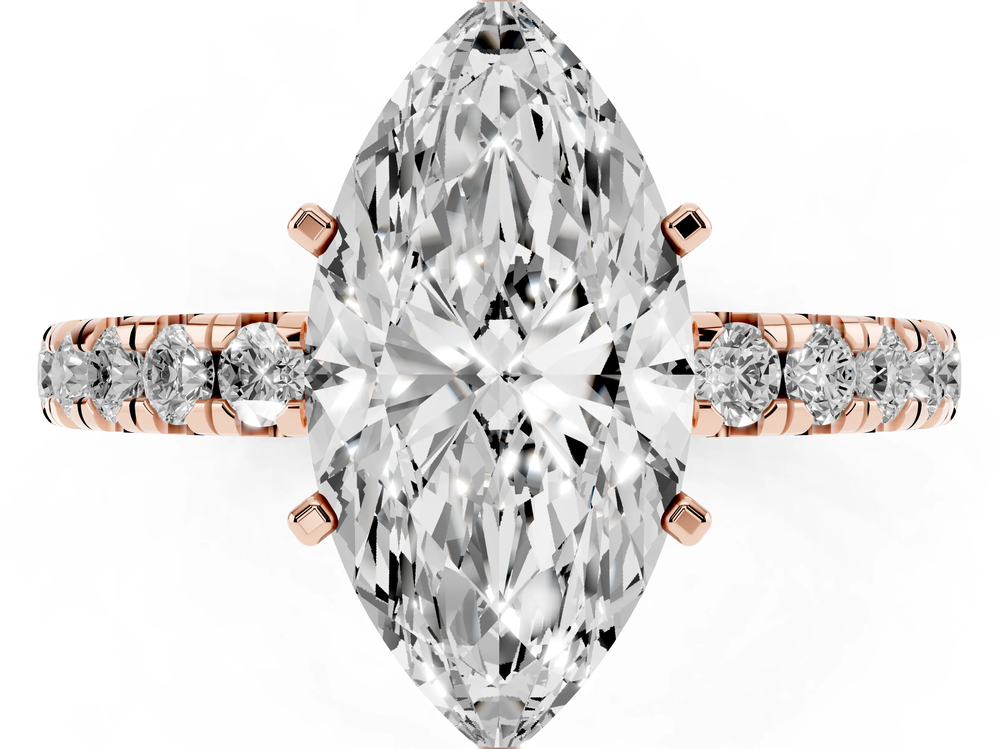 Marquise Cut Diamond Pavé Solitaire Ring Set in Rose gold with Round Band and Prong Setting