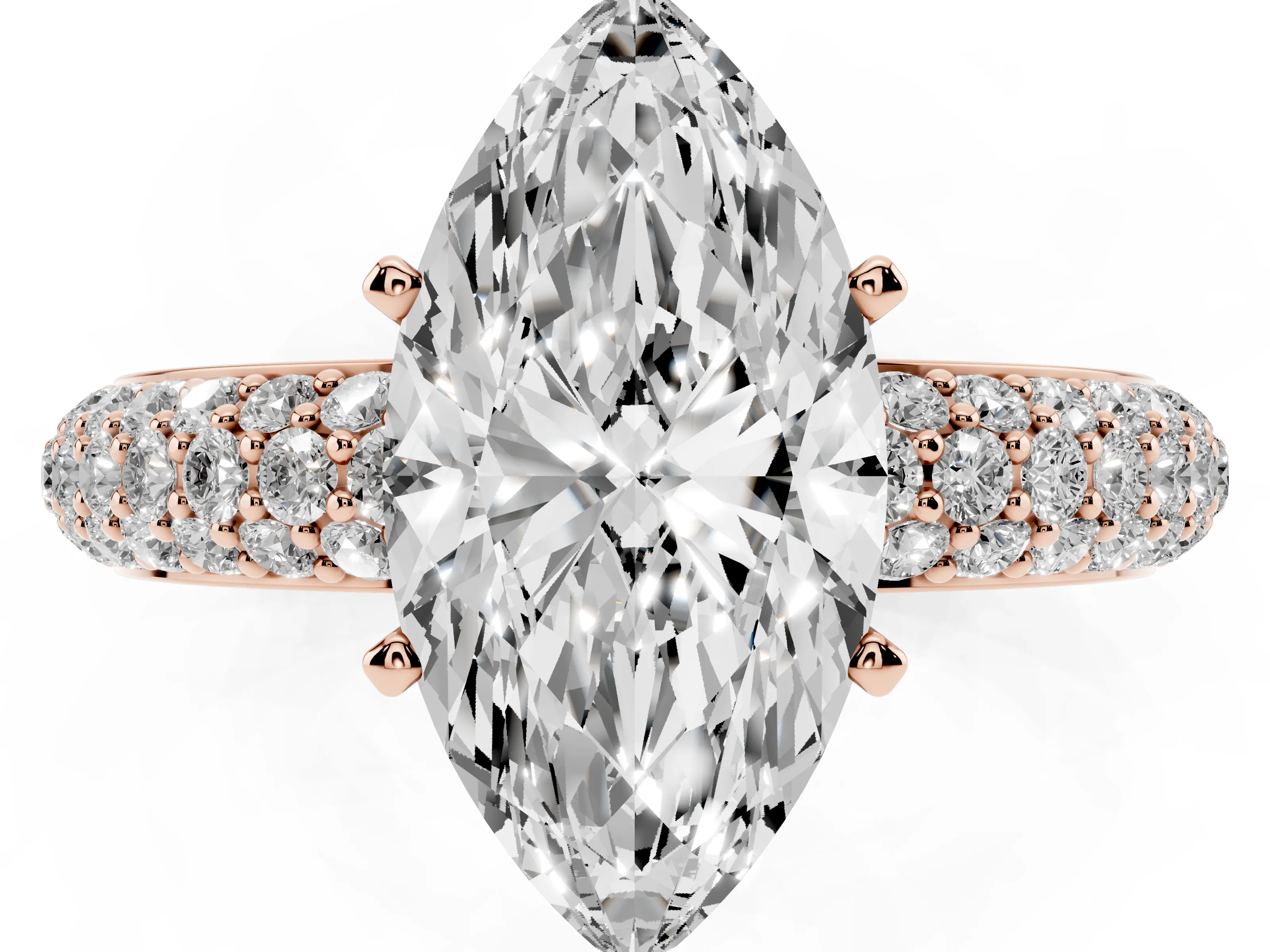 Marquise Cut Diamond Solitaire Ring Set in Rose gold with Prong Setting and Pavé-Set Band
