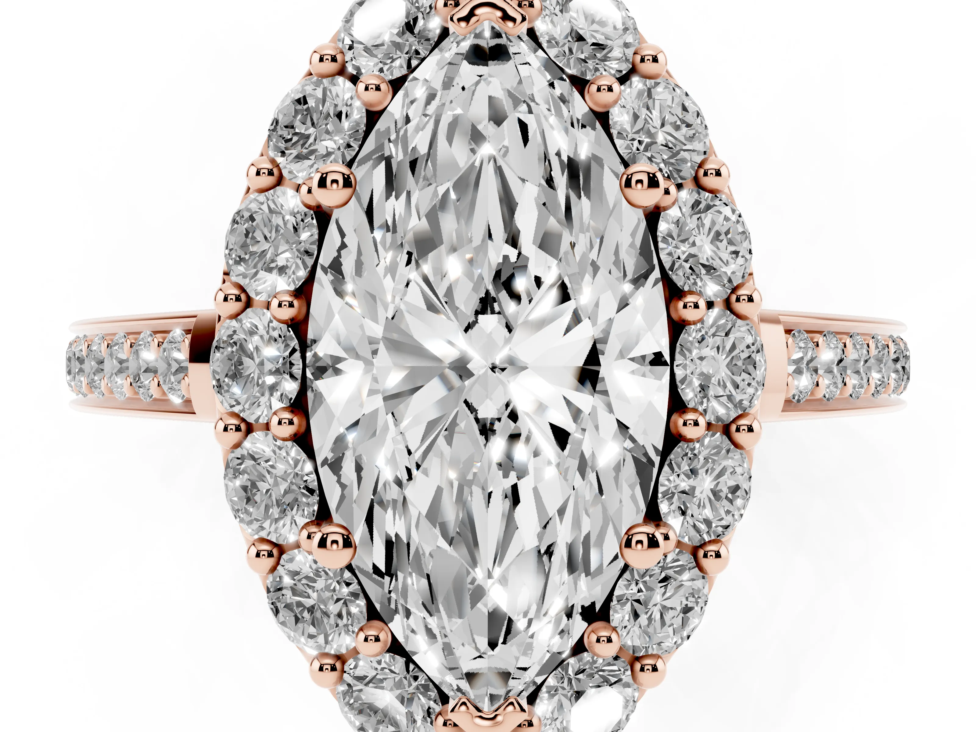 Marquise Cut Diamond Floral Halo Ring Set in Rose gold with Pavé Band and Prong Setting