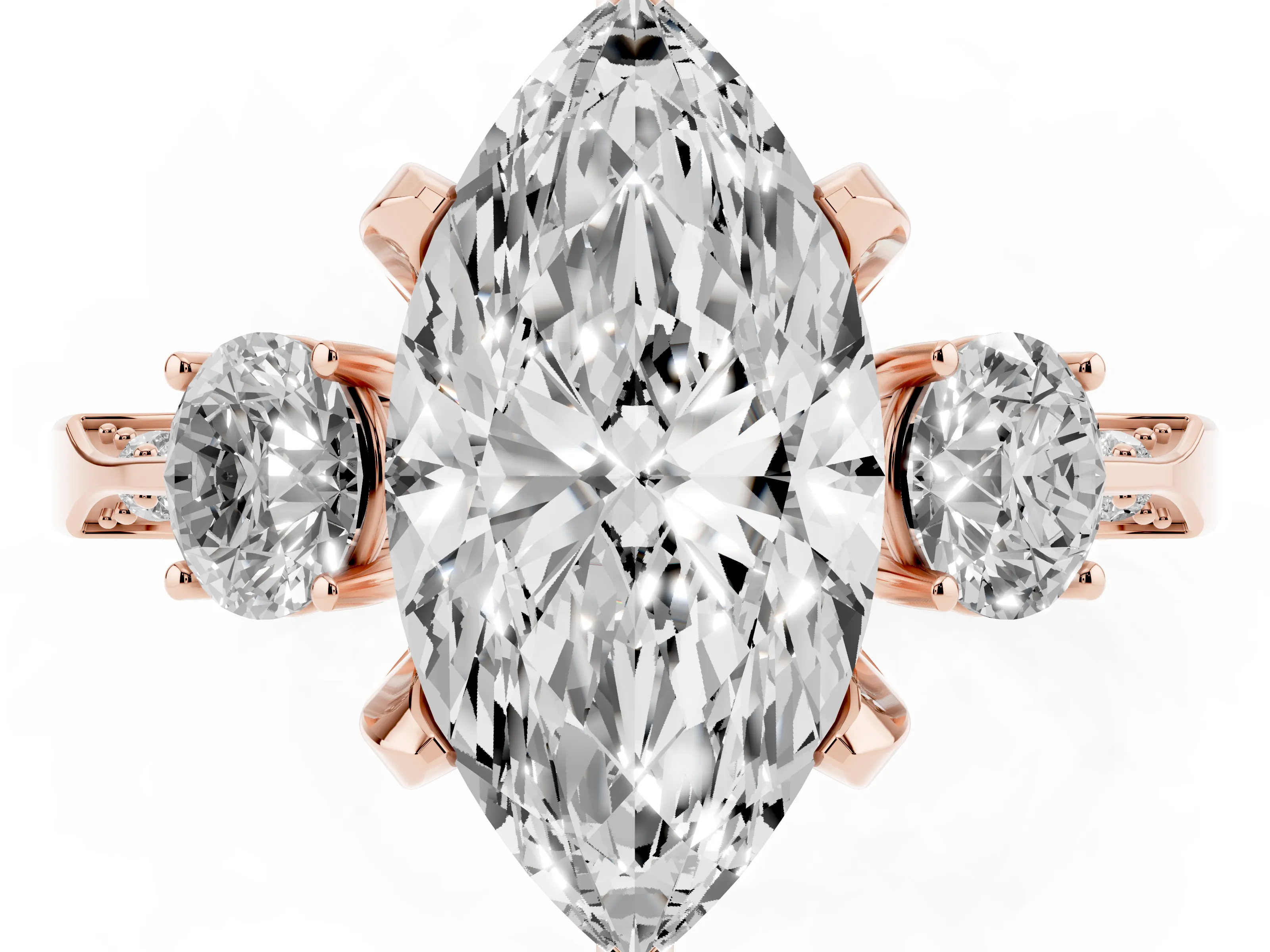 Marquise Cut Diamond Three-Stone Ring Set in Rose gold with Pavé Band and Smaller Side Stones