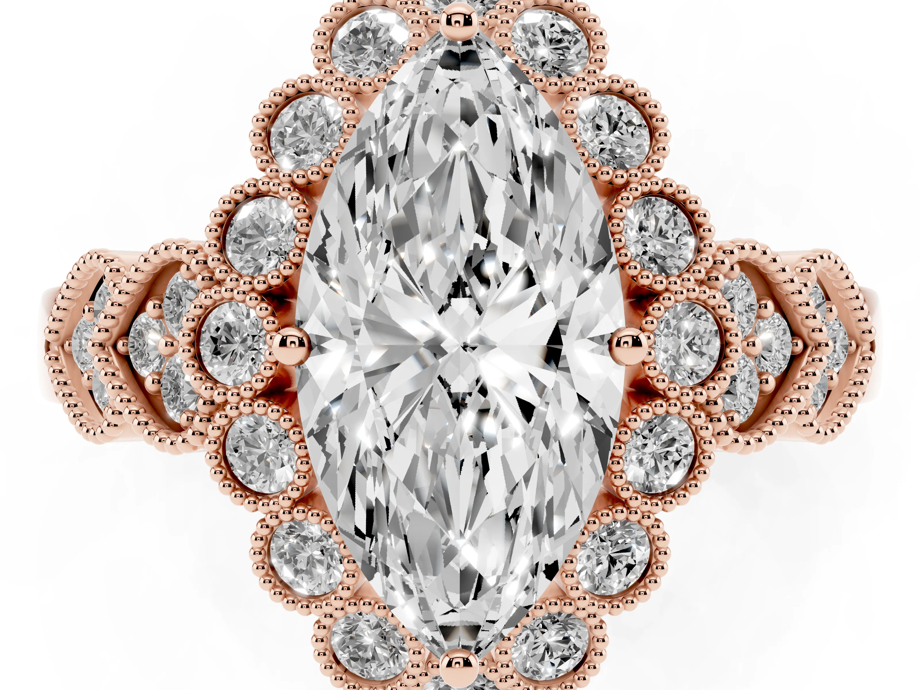 Marquise Cut Diamond Solitaire Ring Set in Rose gold with Milgrain Pavé Heart Band