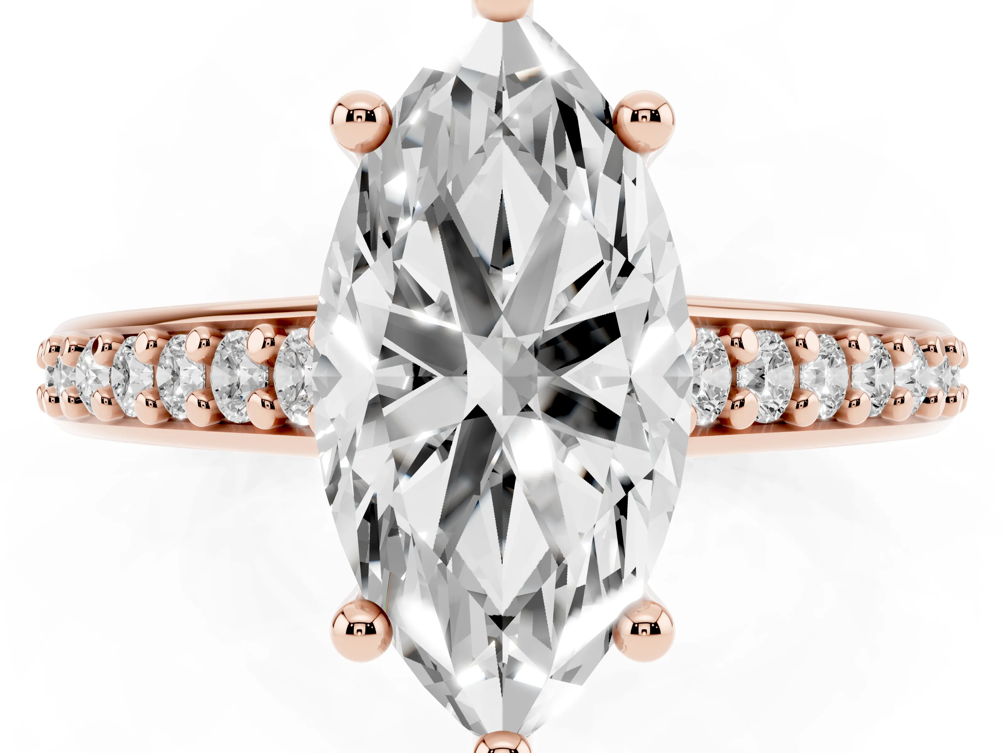 Marquise Cut Diamond Prong Set Solitaire Engagement Ring Set in Rose gold with Pavé Band