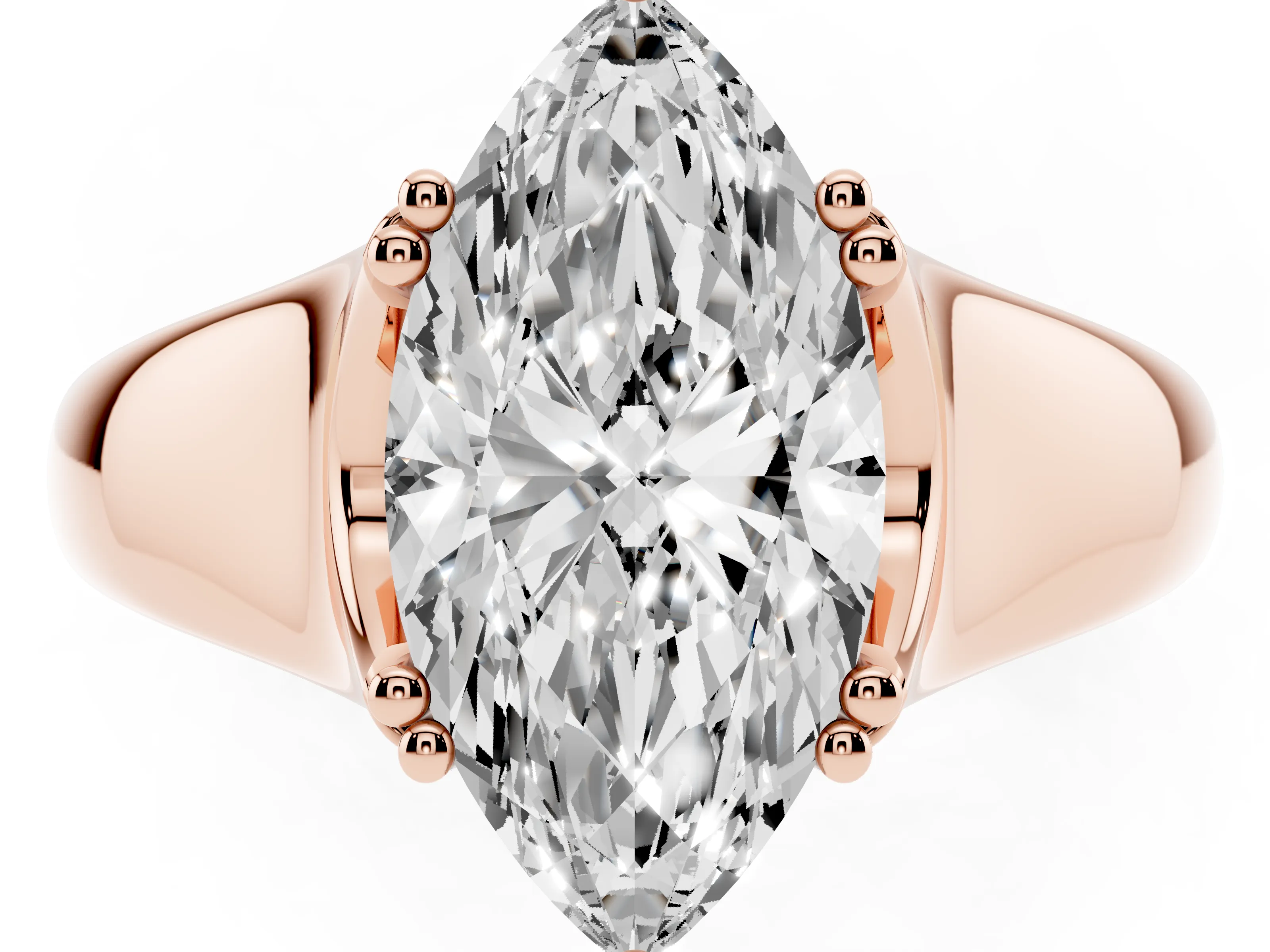 Marquise Cut Diamond Solitaire Ring Set in Rose gold with Wide Band and Prong Setting