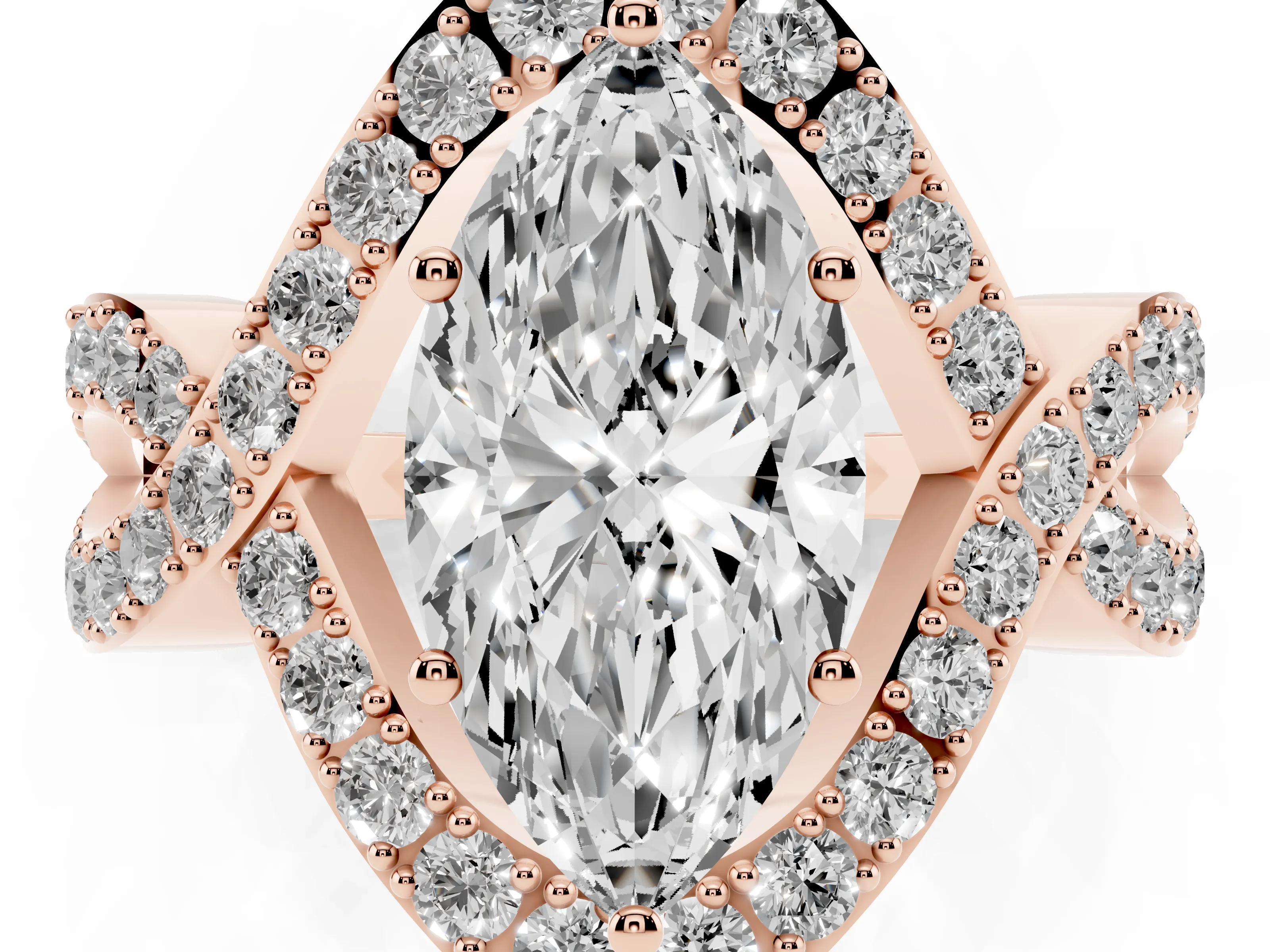 Marquise Cut Diamond Solitaire Twist Band Pavé Engagement Ring Set in Rose gold