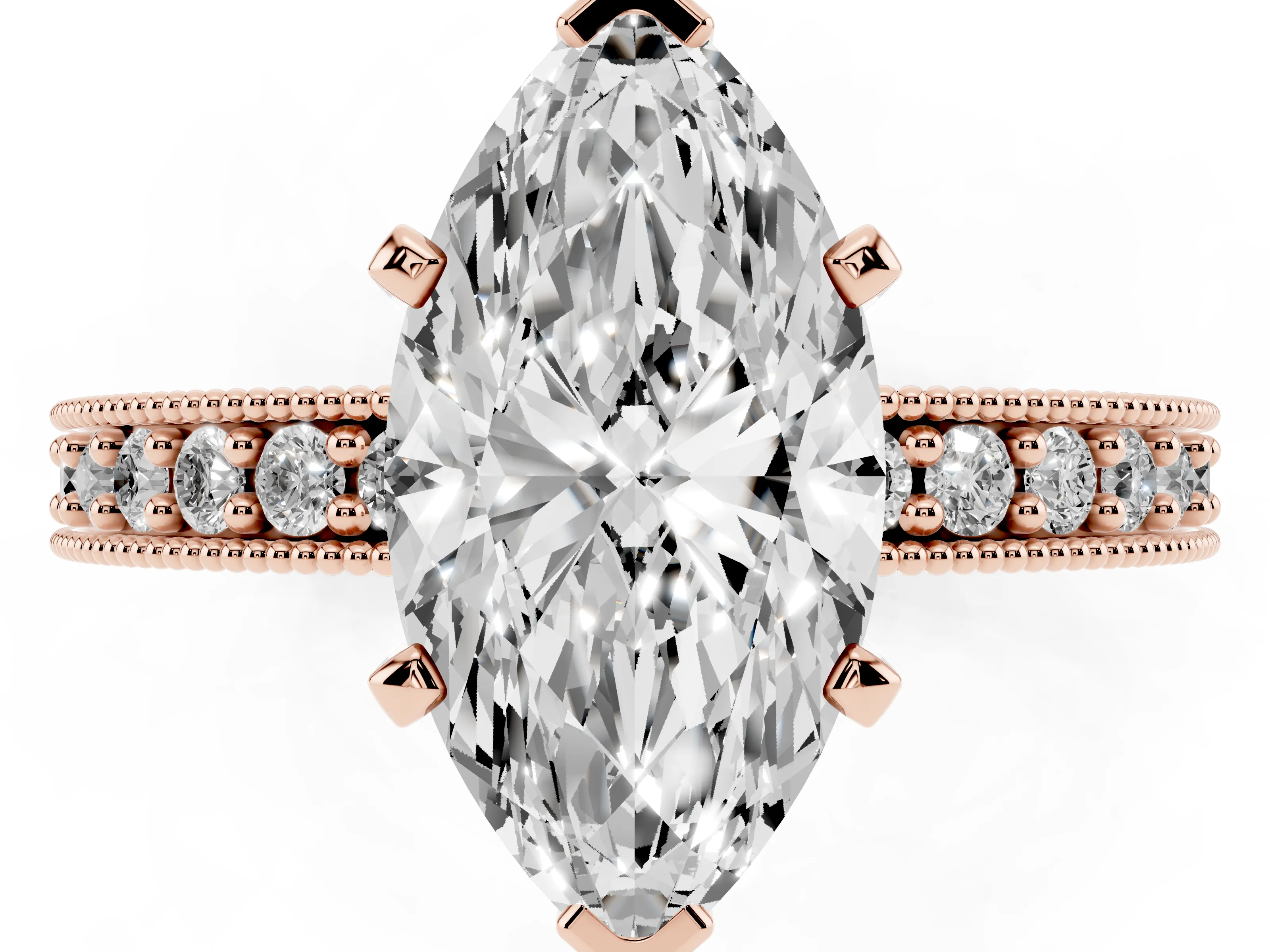 Marquise Cut Diamond Milgrain Pavé Engagement Ring Set in Rose gold with Prong Setting